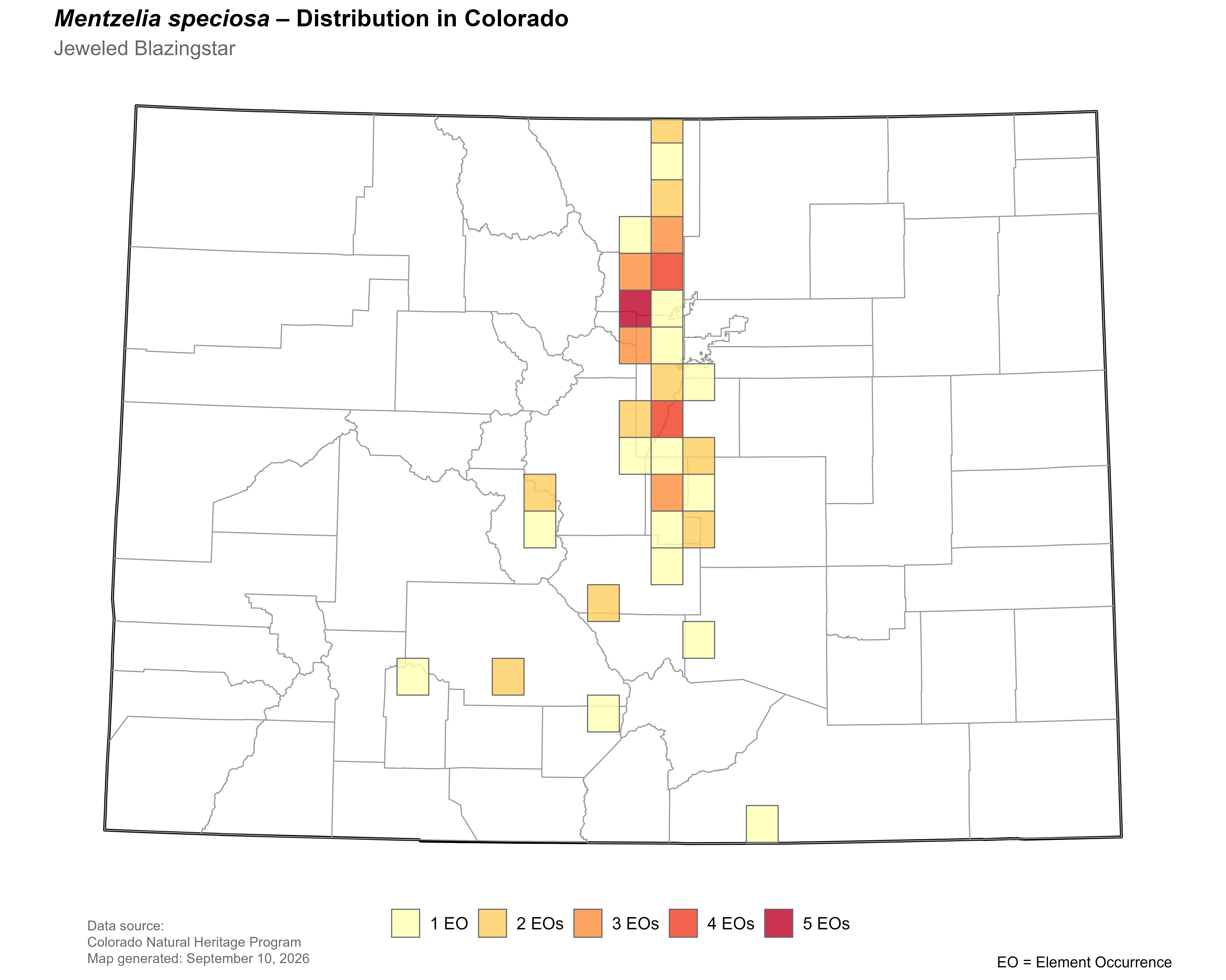Distribution of <i>Nuttallia</i> <i>speciosa</i> in Colorado: please see county list under State Range