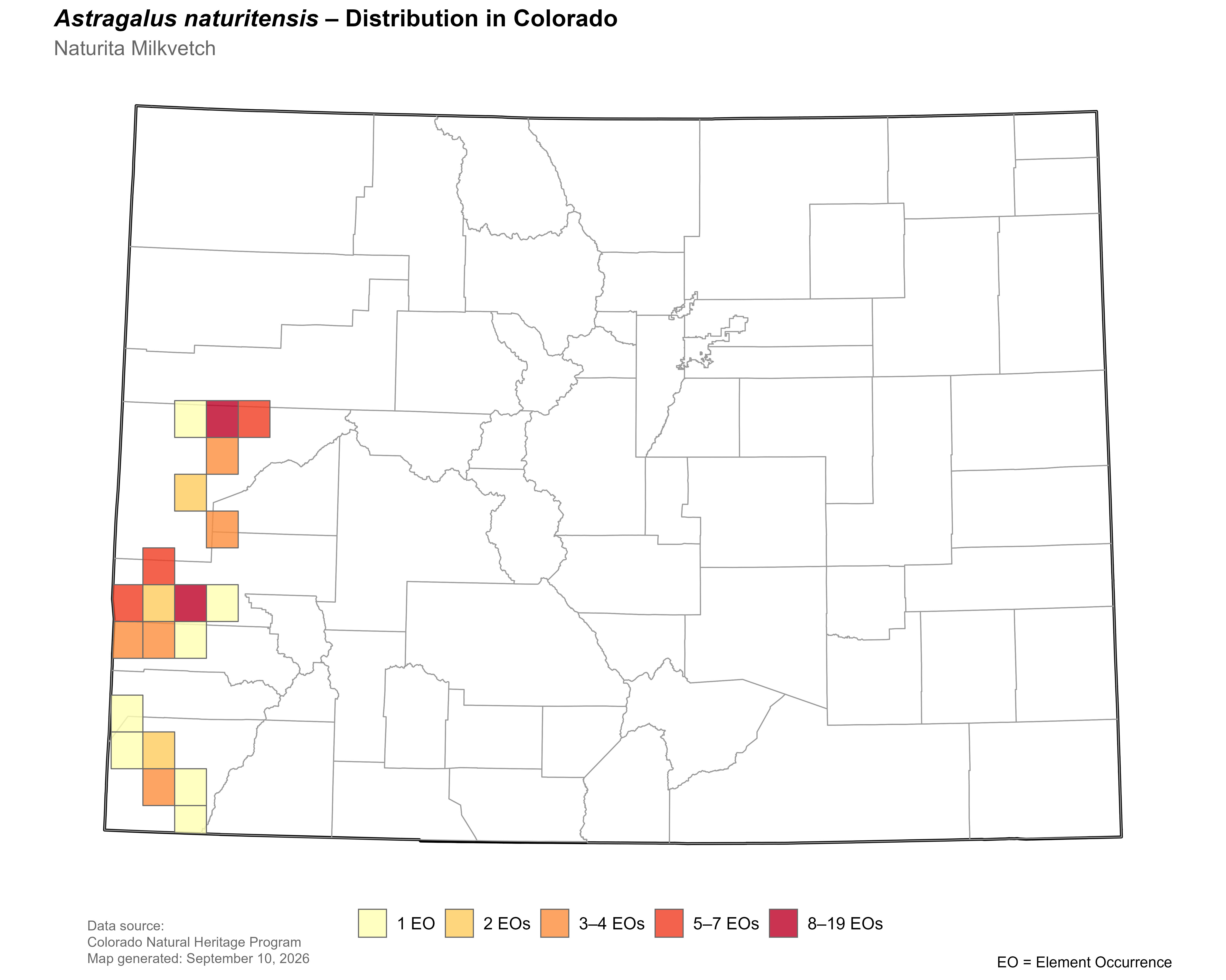 Distribution of <i>Astragalus</i> <i>naturitensis</i> in Colorado.