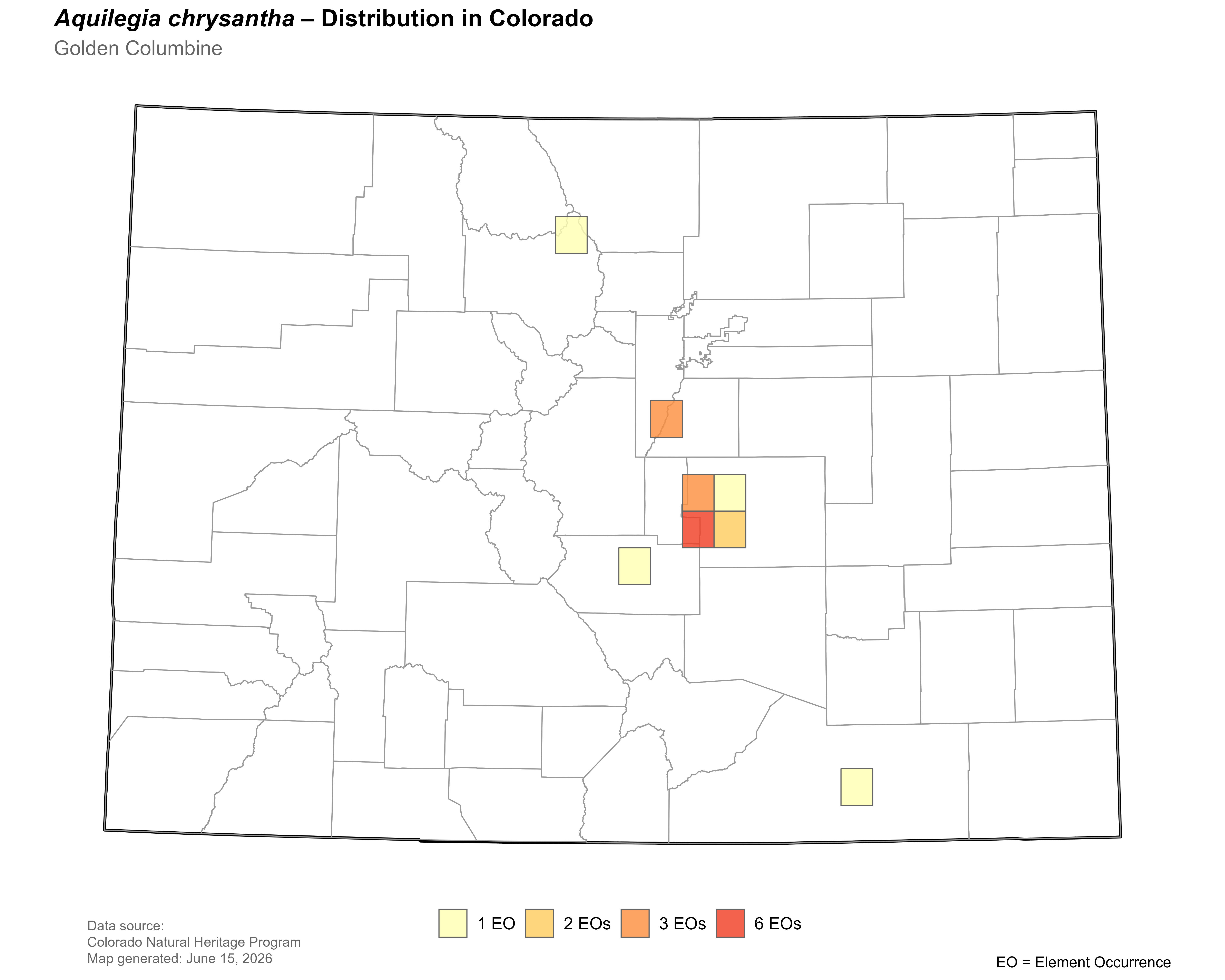 Distribution of <i>Aquilegia chrysantha</i>  in Colorado.