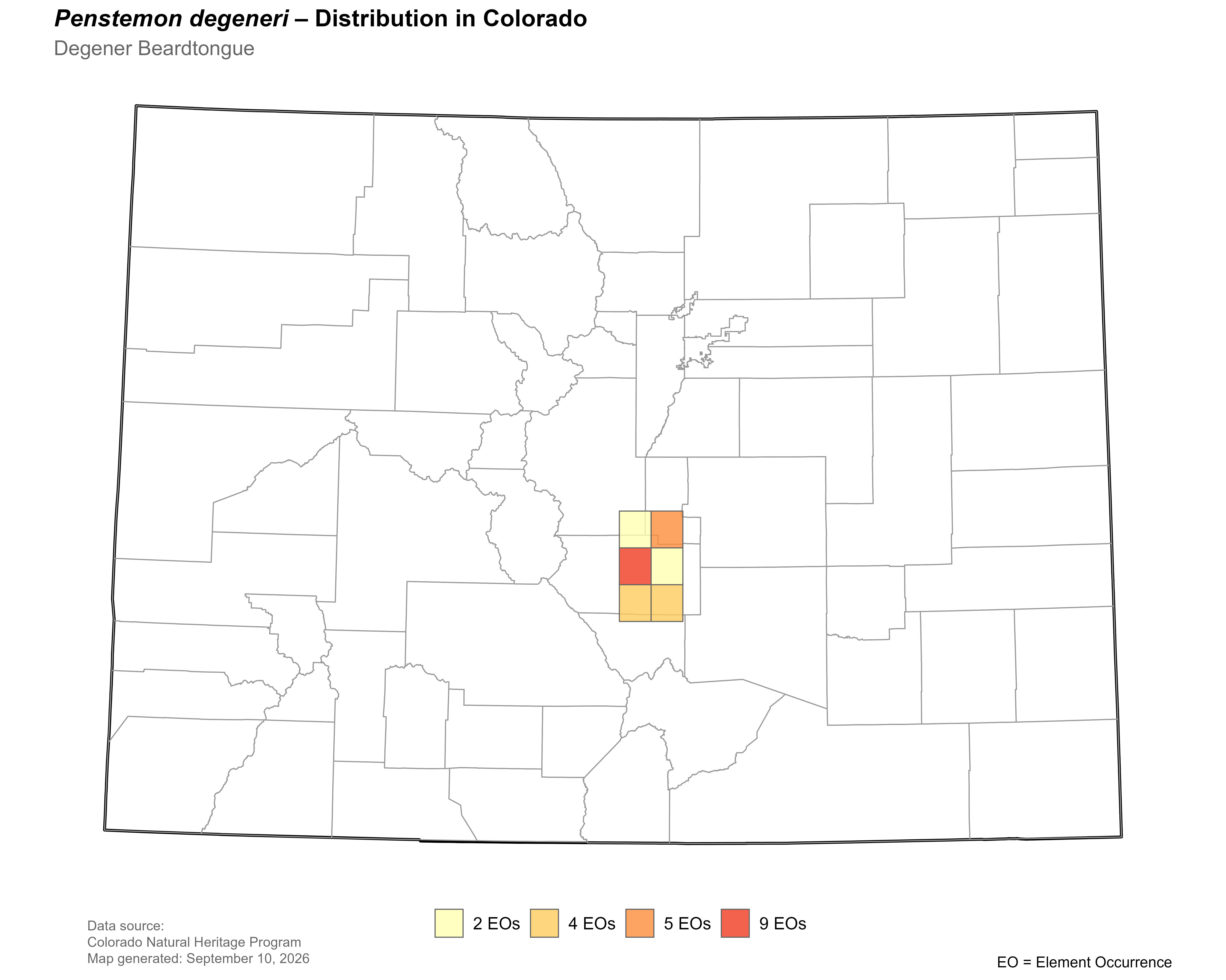 Distribution of <i>Penstemon degeneri</i> in Colorado.