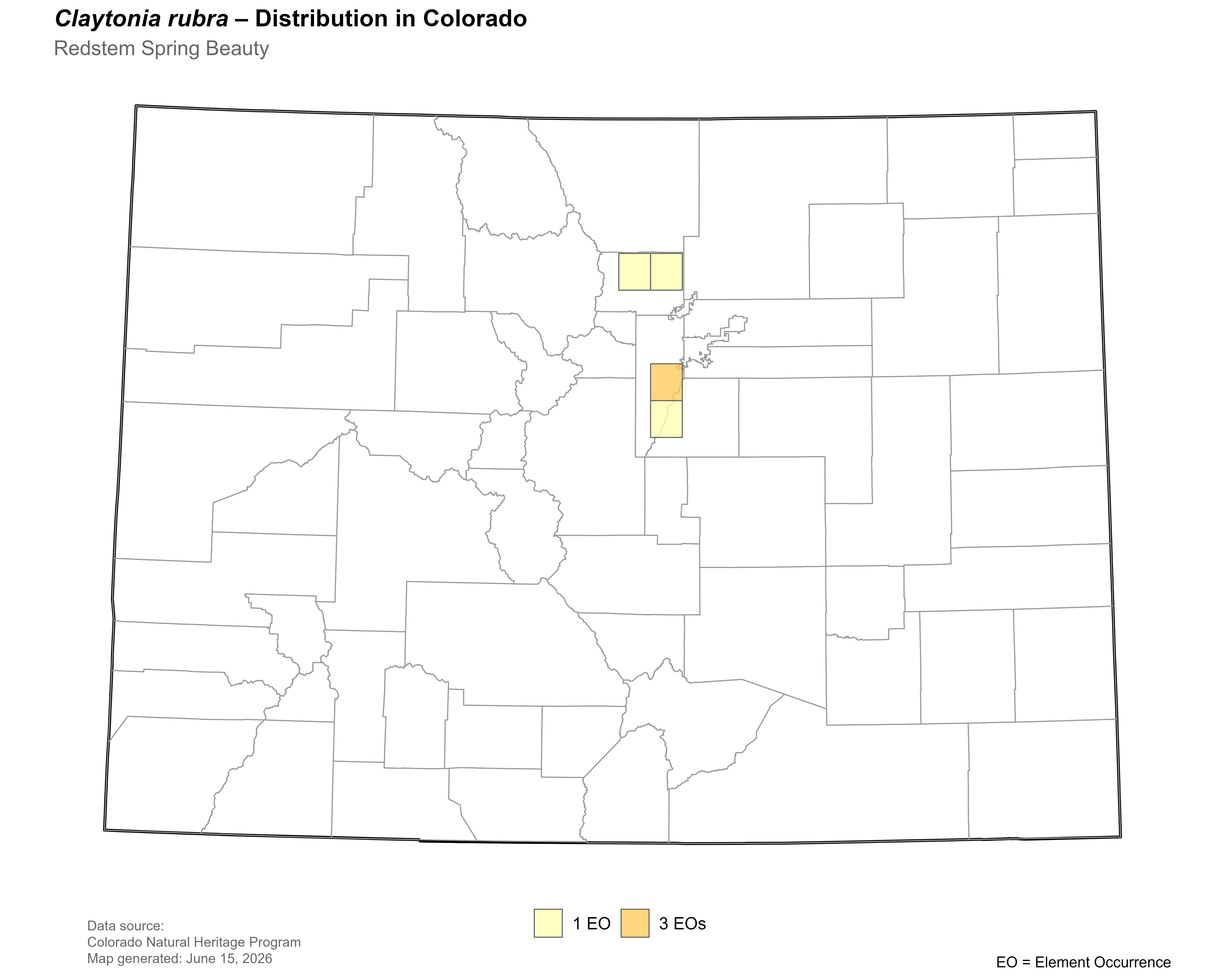 Distribution of <i>Claytonia rubra</i> in Colorado.