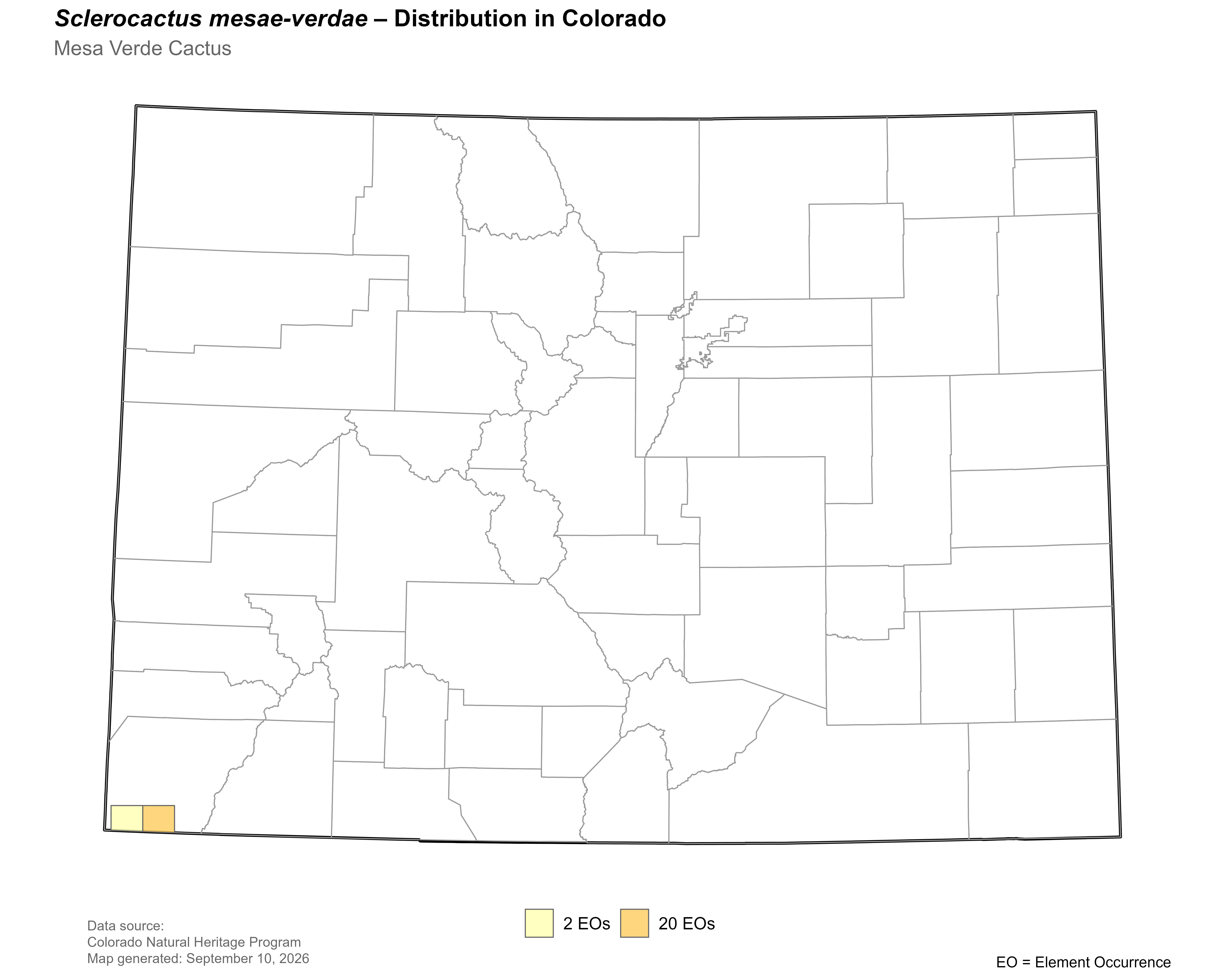 Distribution of <i>Sclerocactus mesae-verdae</i> in Colorado.