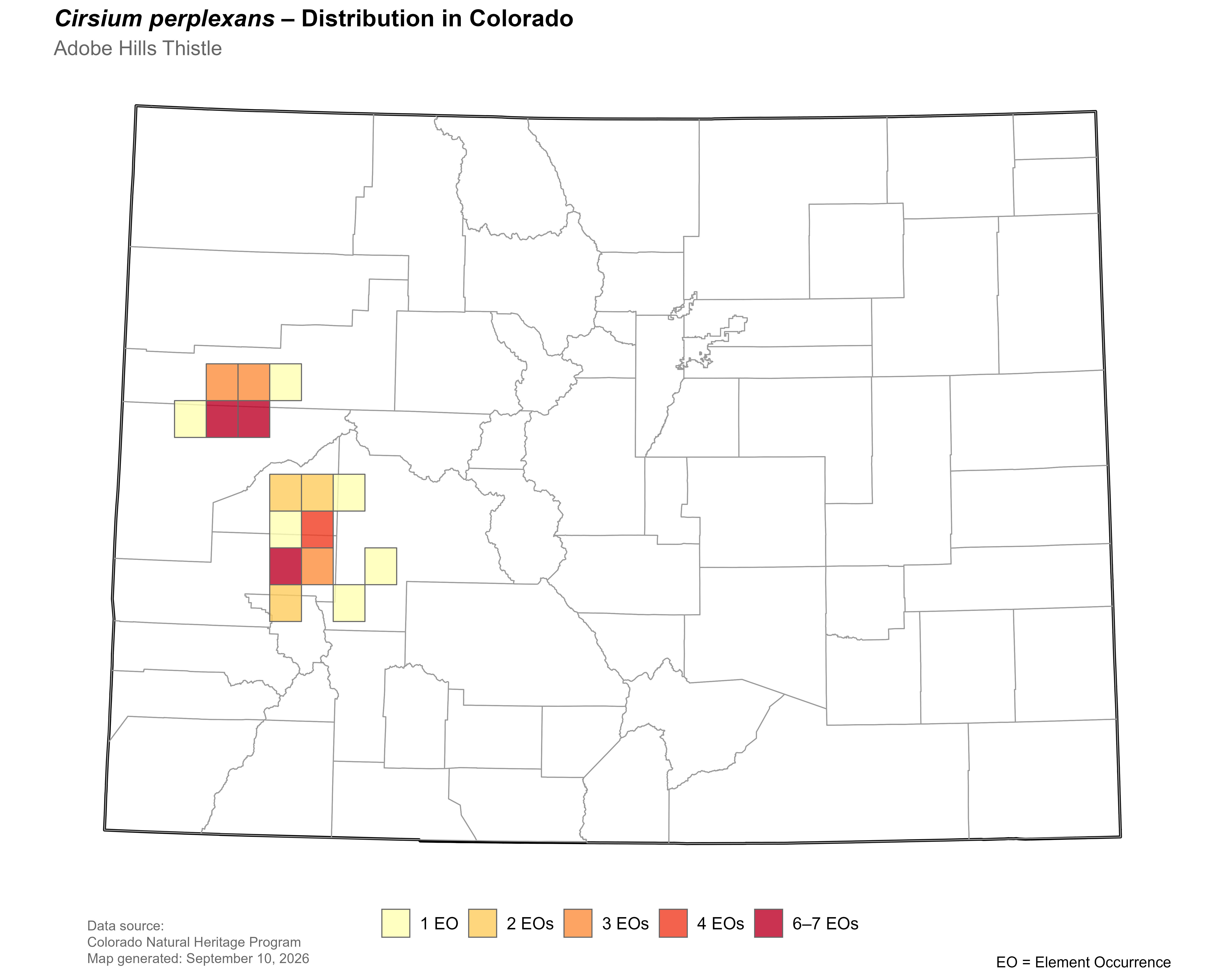 Distribution of <i>Cirsium perplexans</i> in Colorado.