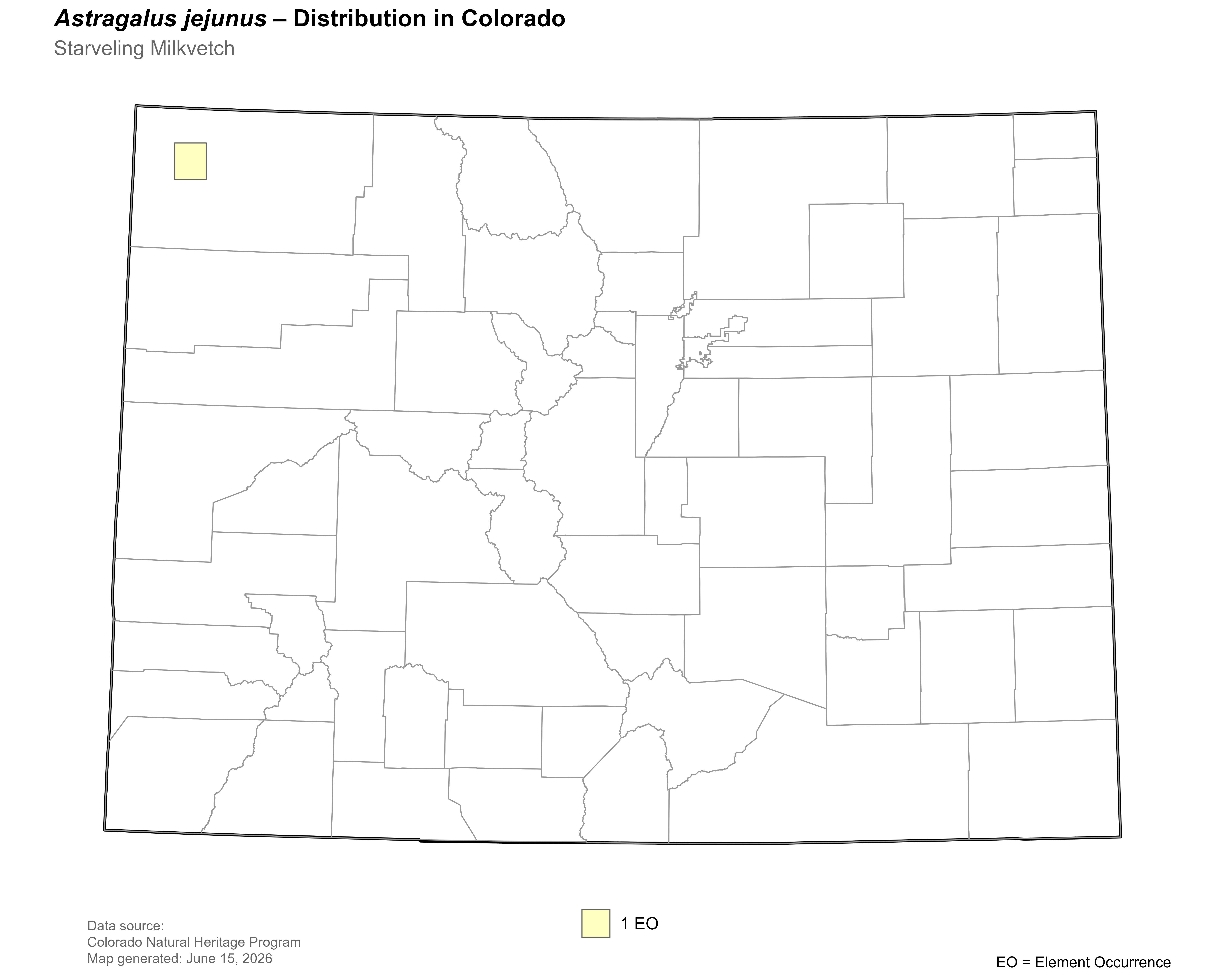 Distribution of <i>Astragalus jejunus</i> in Colorado.