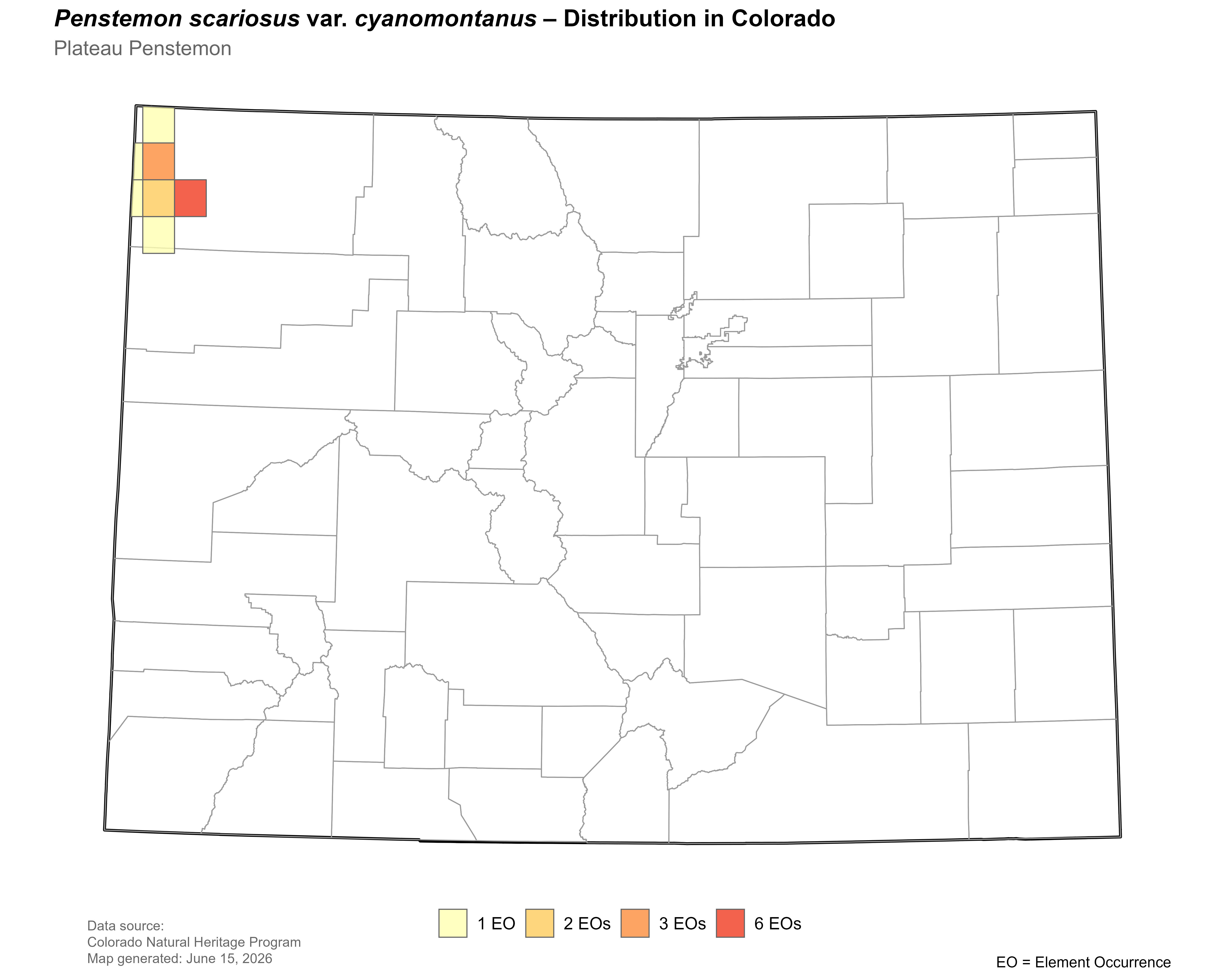 Distribution of <i>Penstemon scariosus var. cyanomontanus</i> in Colorado.
