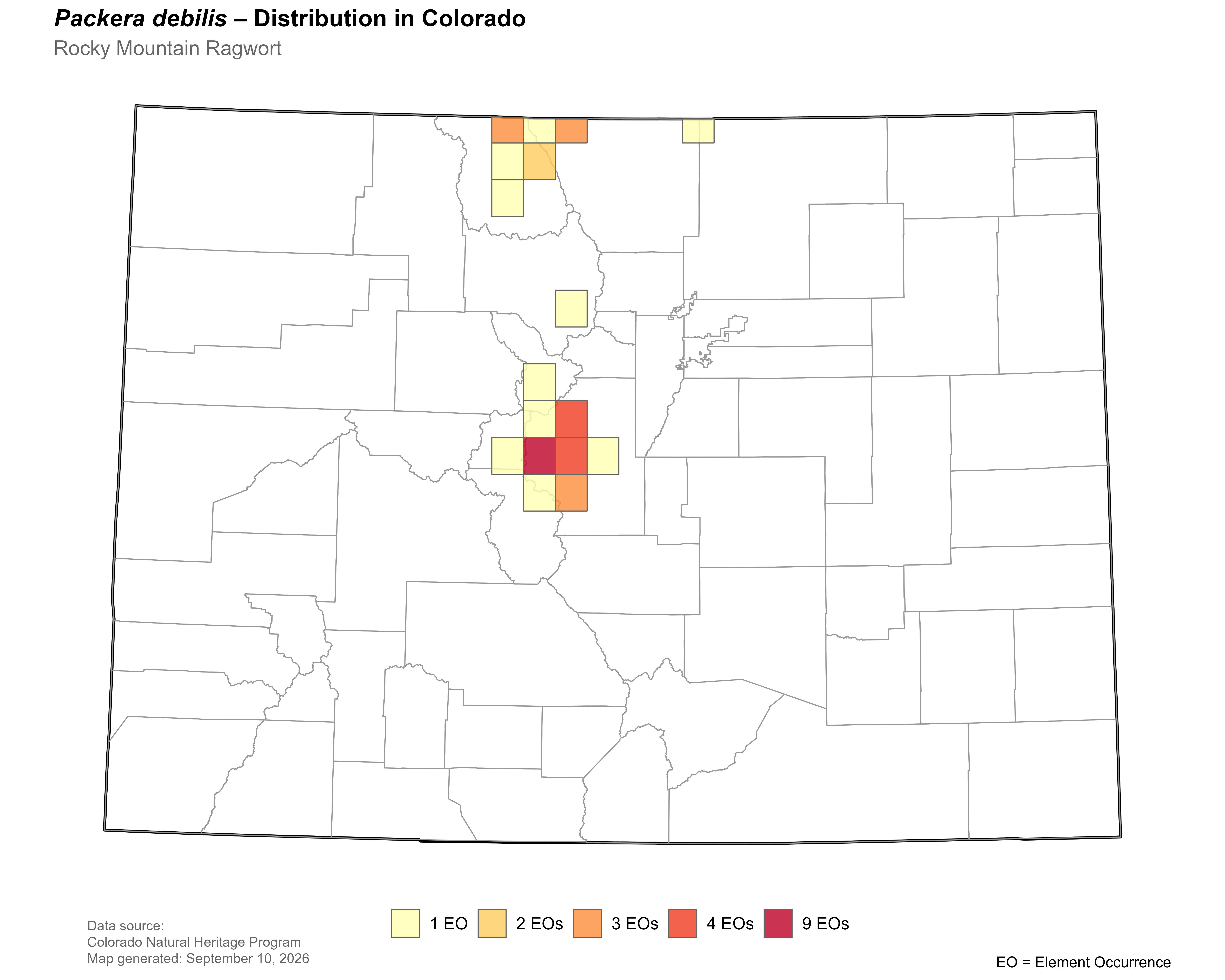 Distribution of Packera debilis in Colorado.
