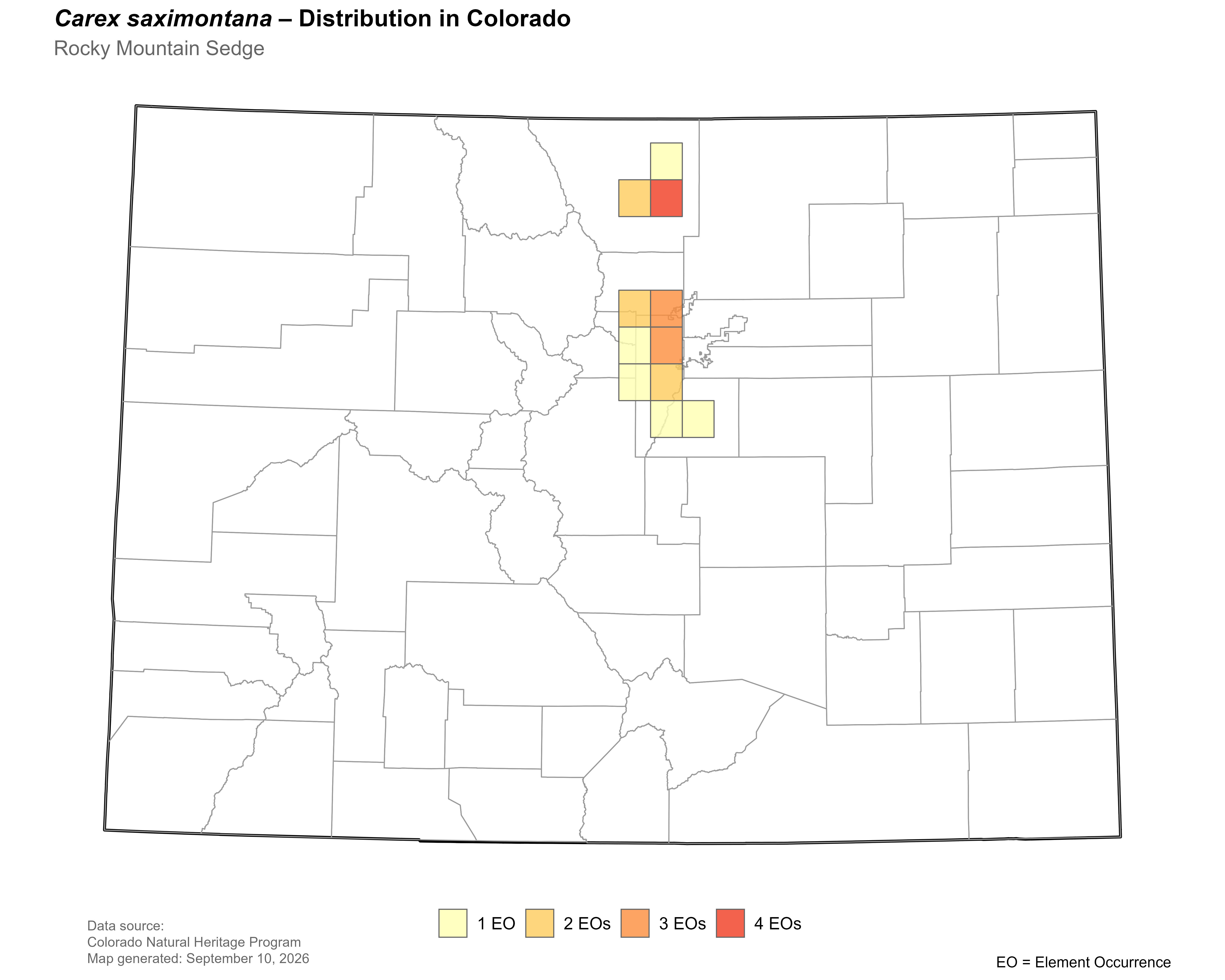 Distribution of <i>Carex saximontana</i> in Colorado.
