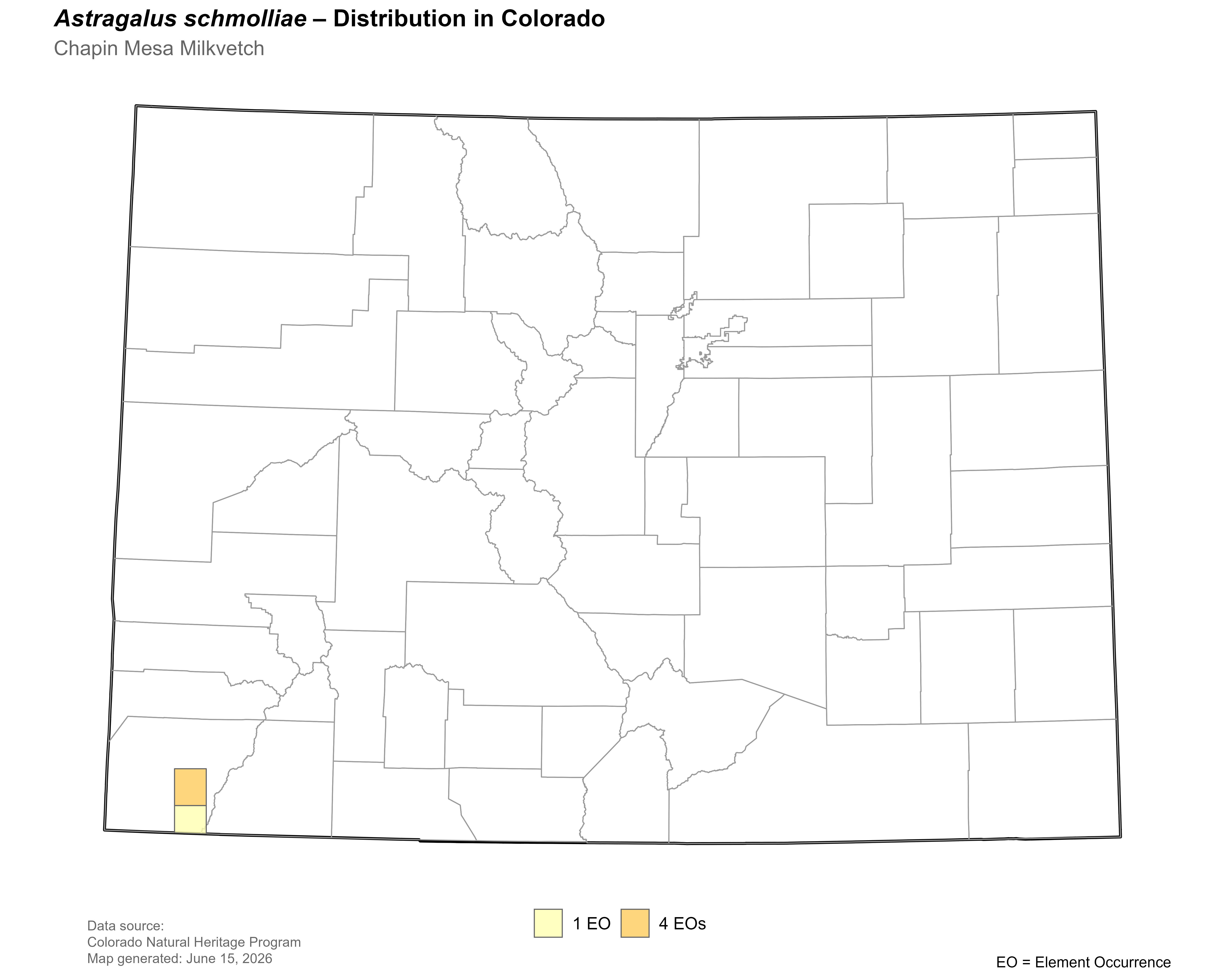 Distribution of <i>Astragalus schmolliae</i> in Colorado.