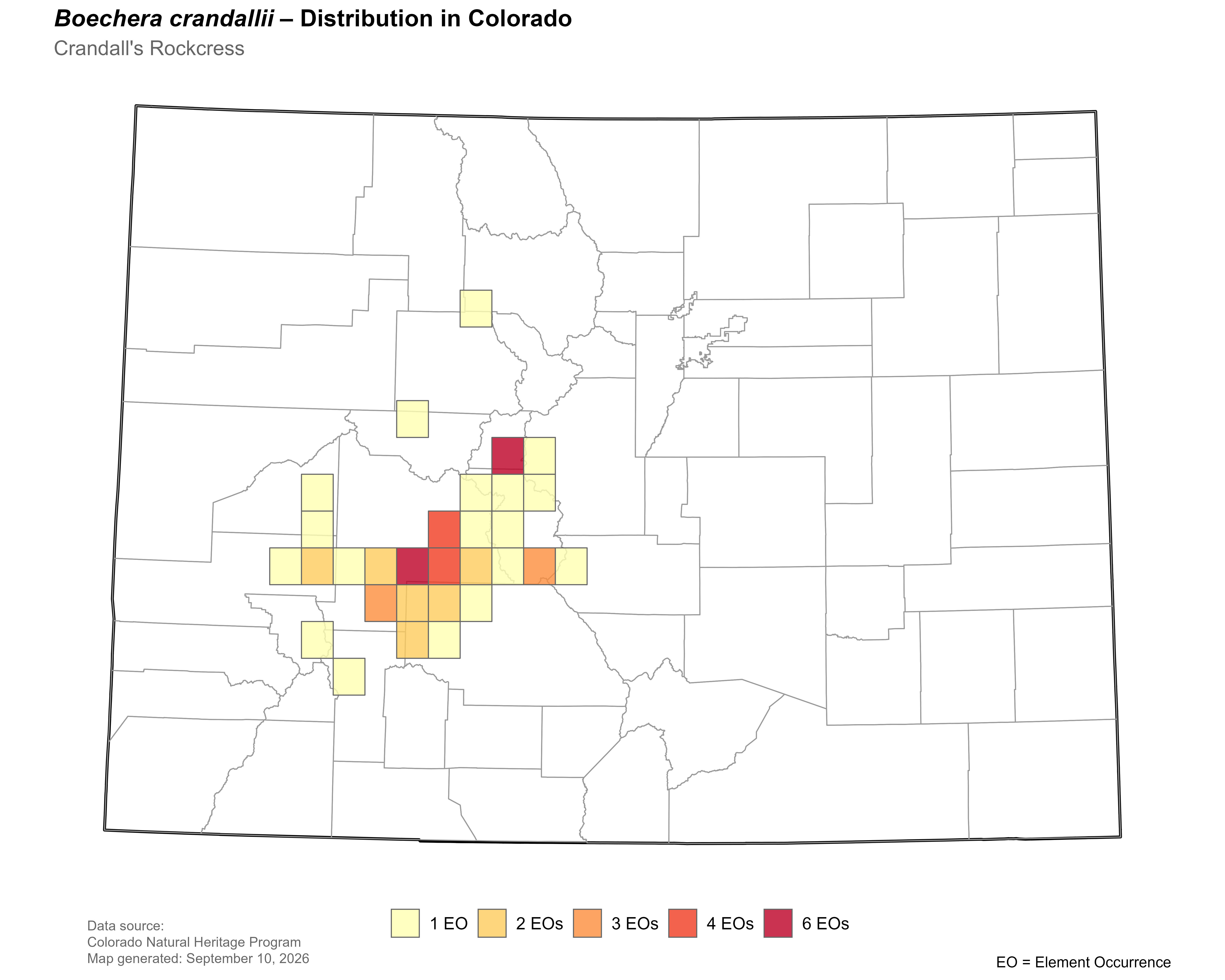 Distribution of <i>Boechera</i> <i>crandallii</i> in Colorado: please see county list under State Range.