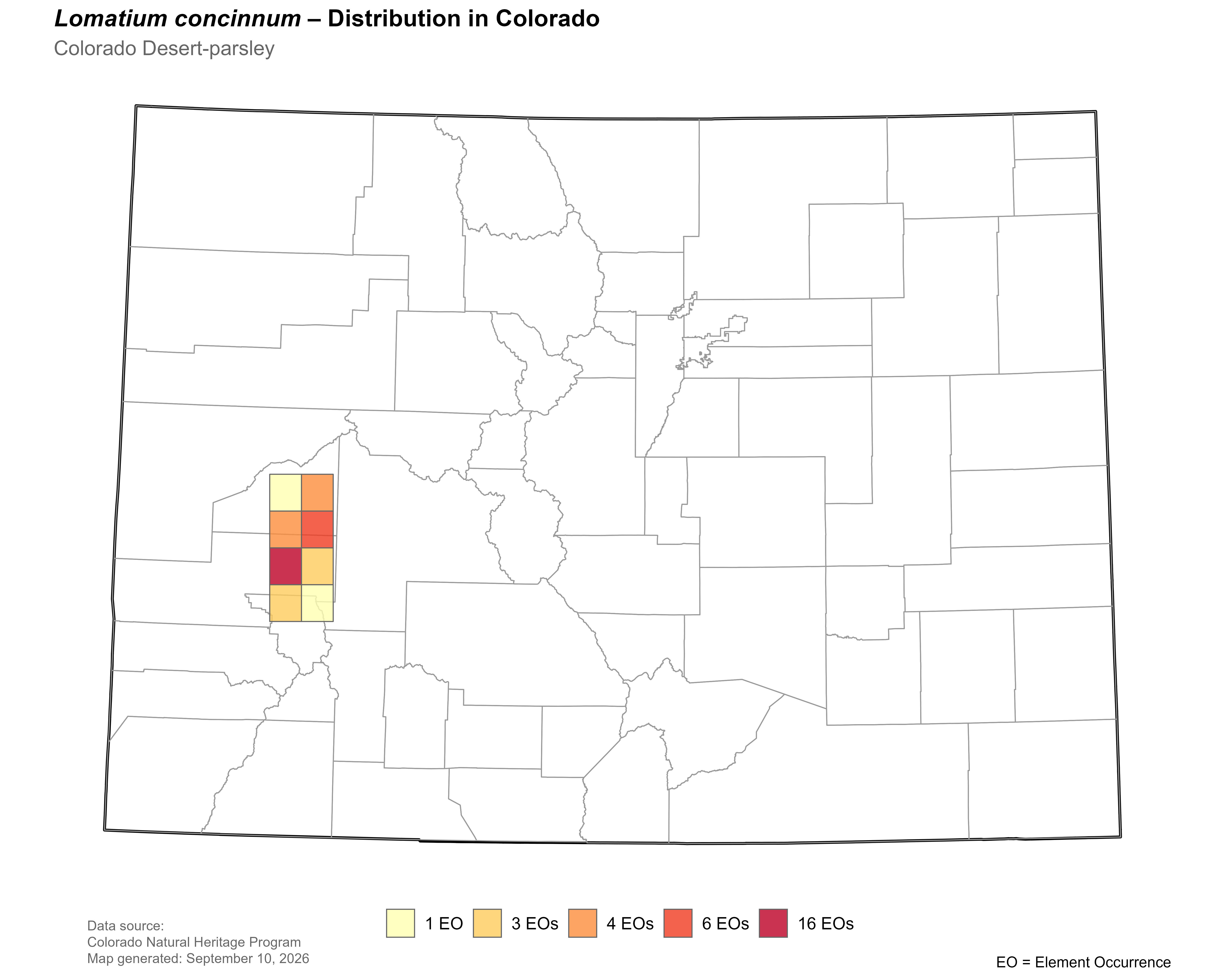 Distribution of <i>Lomatium concinnum</i> in Colorado.