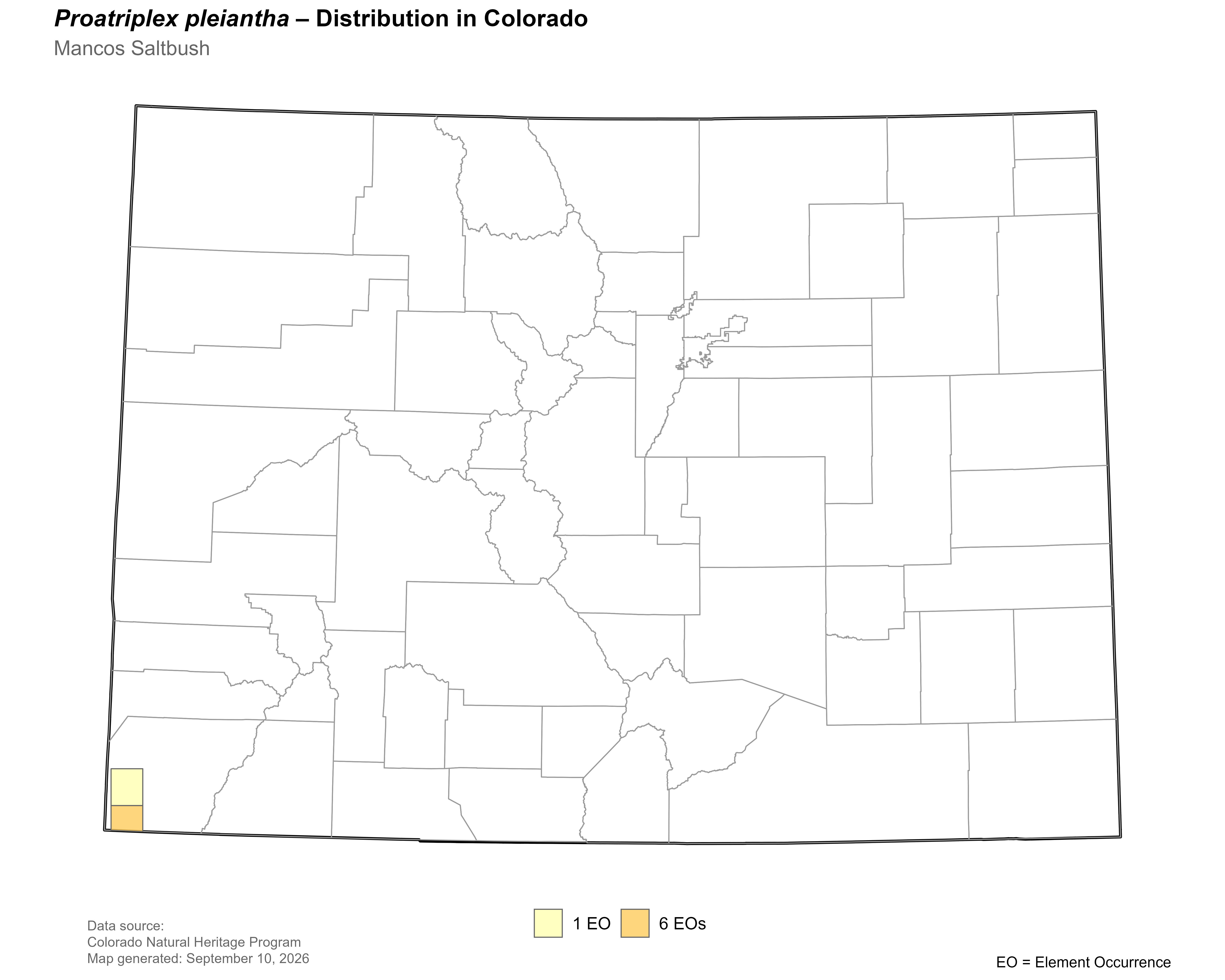 Dsitribution of <i>Proatriplex pleiantha</i> in Colorado.