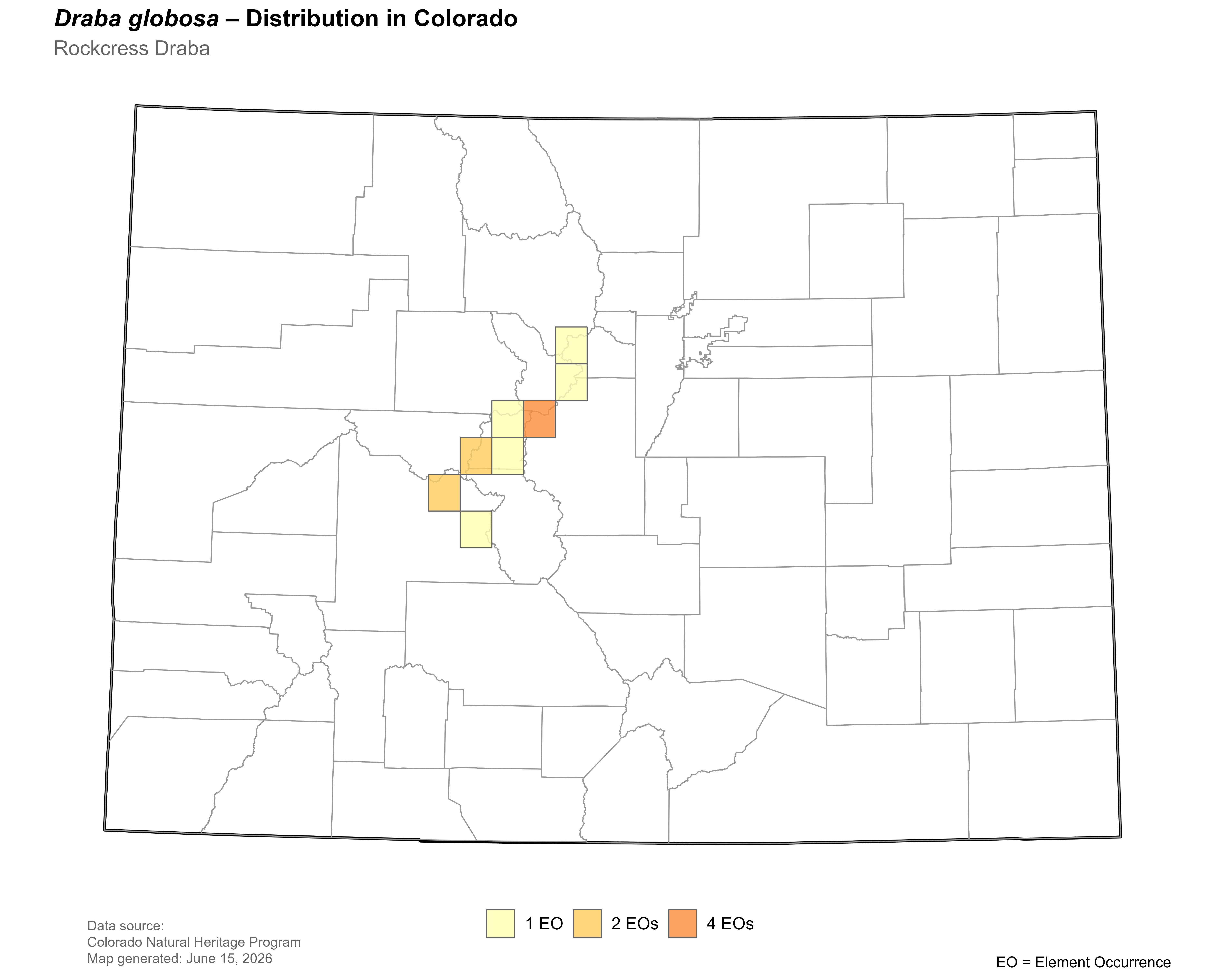 Distribution of <i>Draba globosa</i> in Colorado.