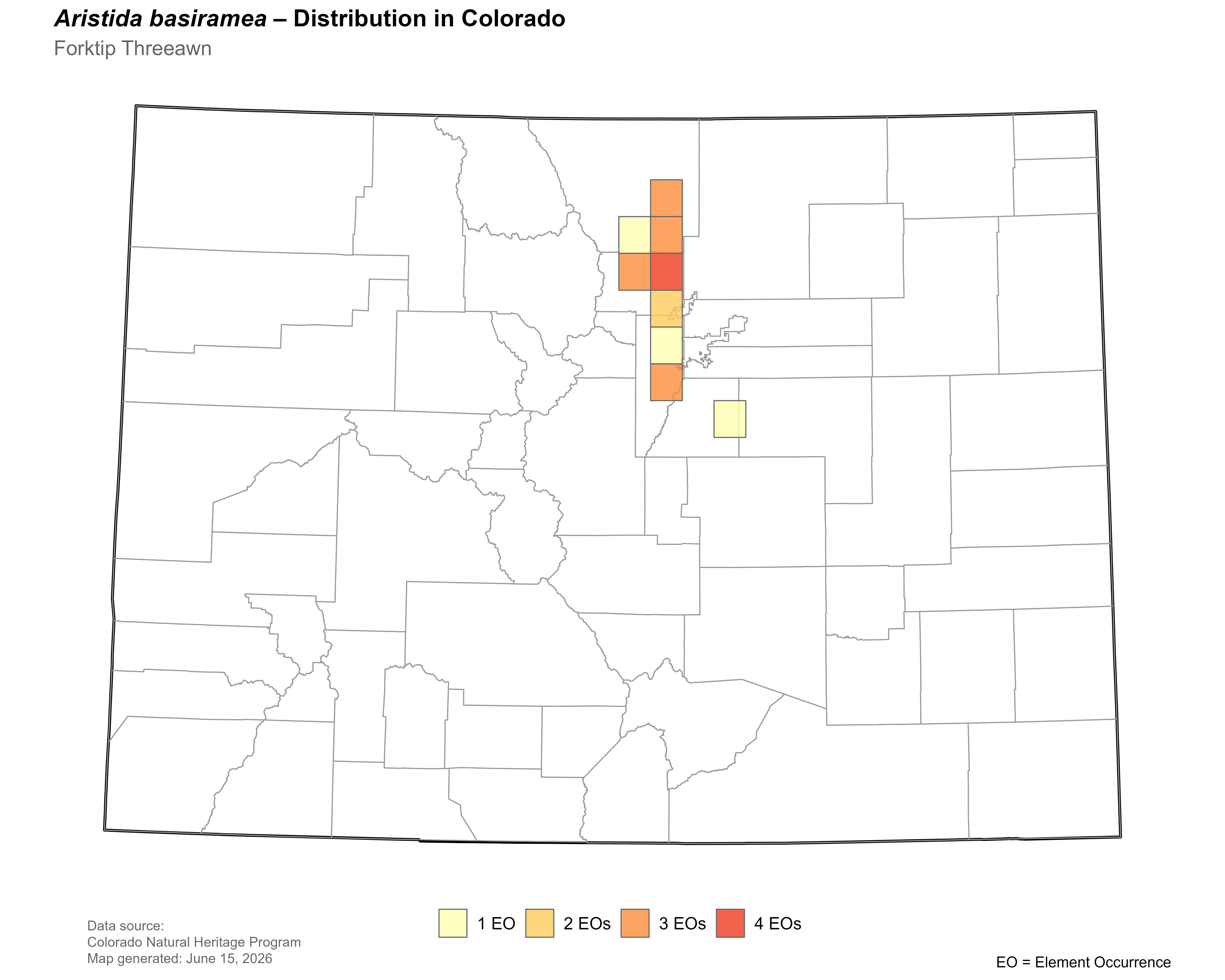 Distribution of <i>Aristida basiramea</i> in Colorado.