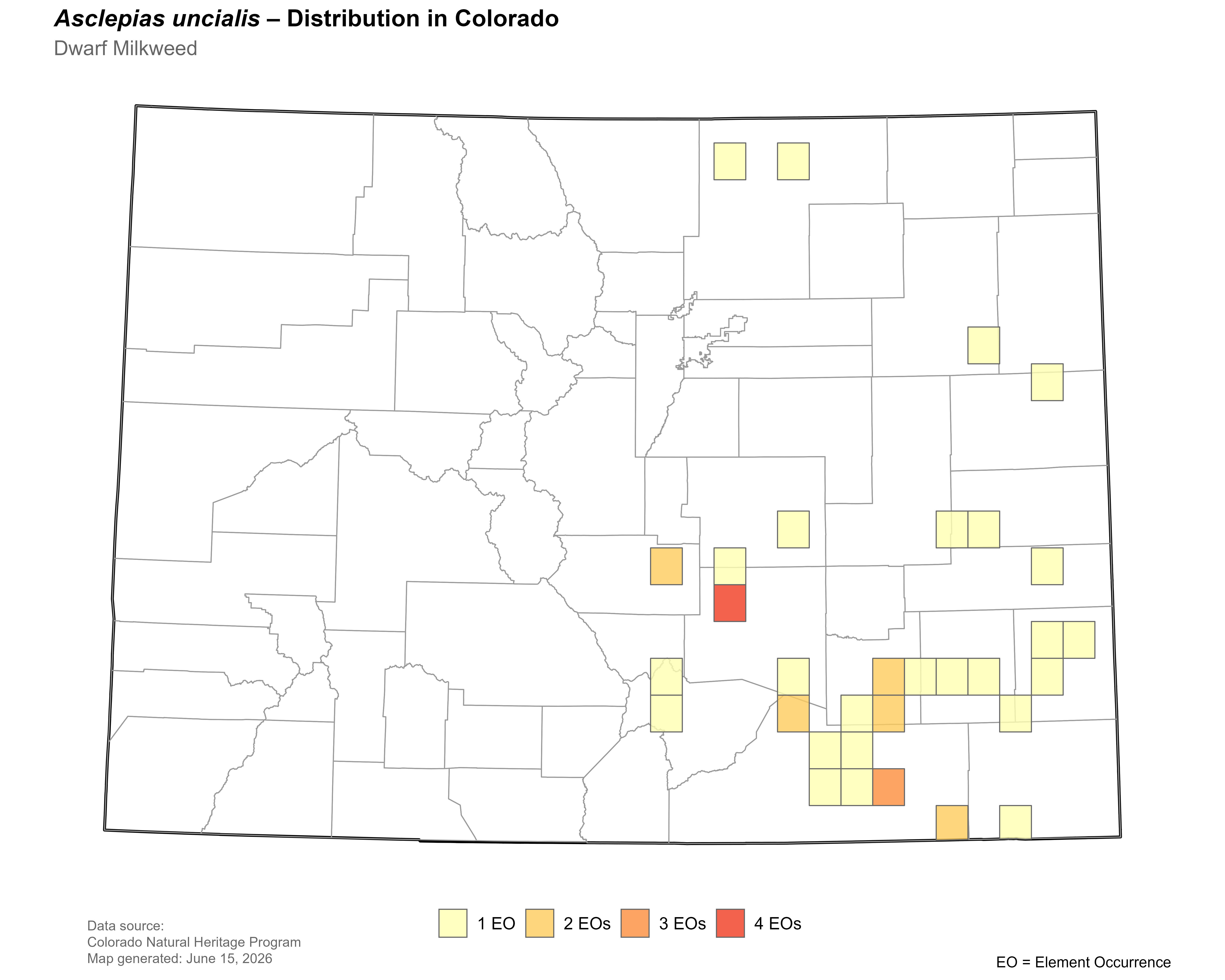 Distribution of <i>Asclepias uncialis </i>ssp.<i> uncialis</i> in Colorado.