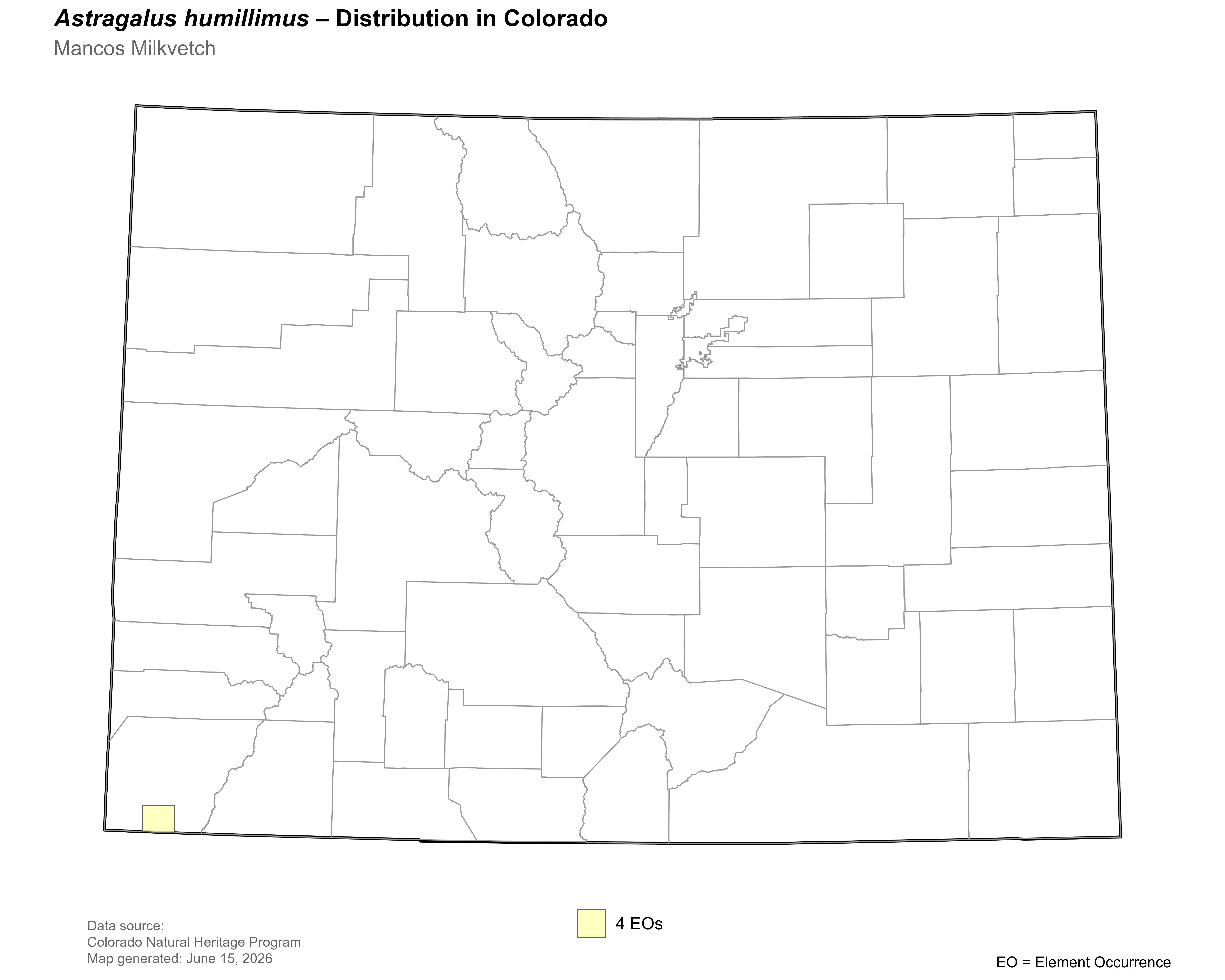Distribution of <i> Astragalus humillimus</i> in Colorado.