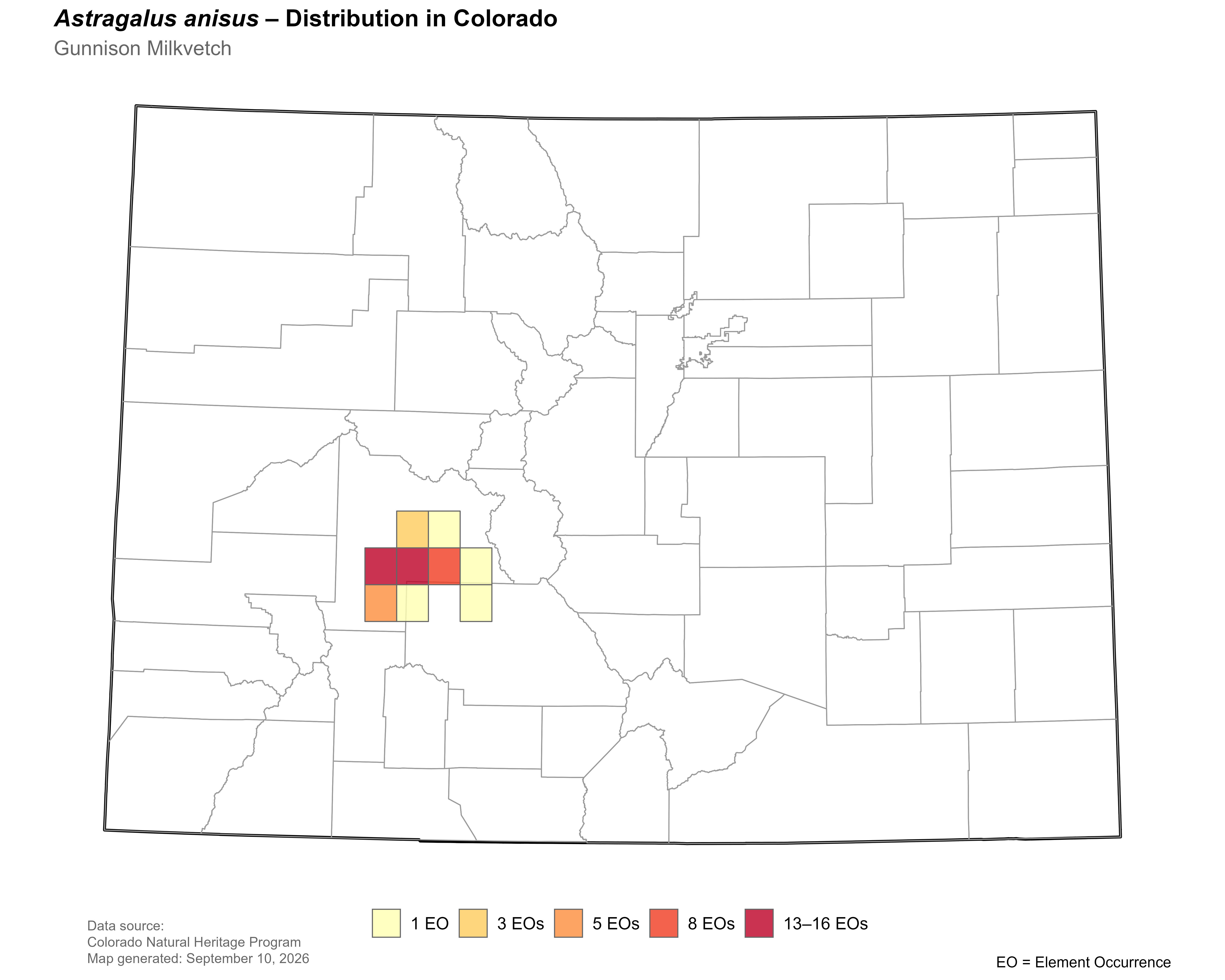 Distribution of <i>Astragalus anisus</i> in Colorado.