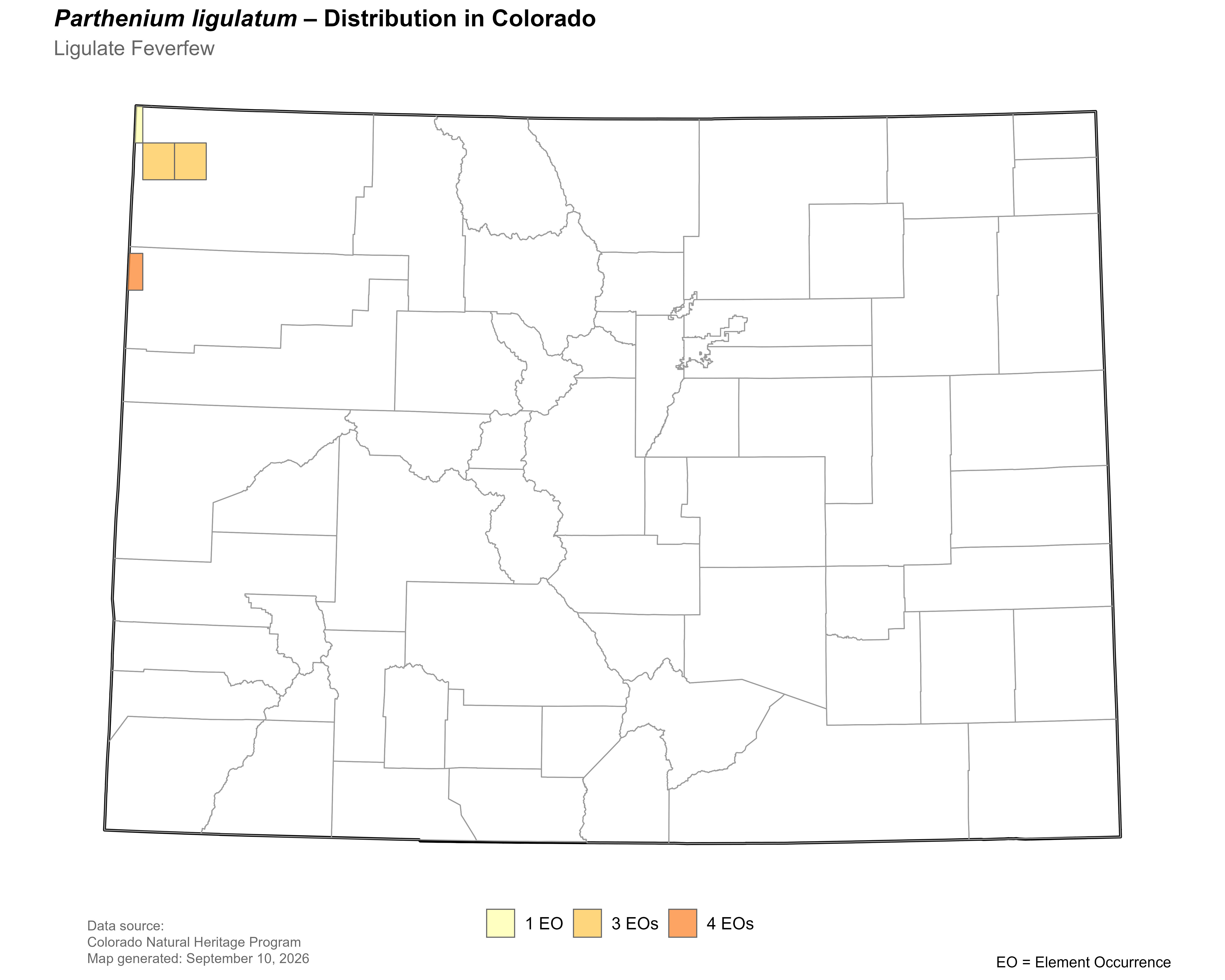 Distribution of <i>Parthenium ligulatum</i> in Colorado.