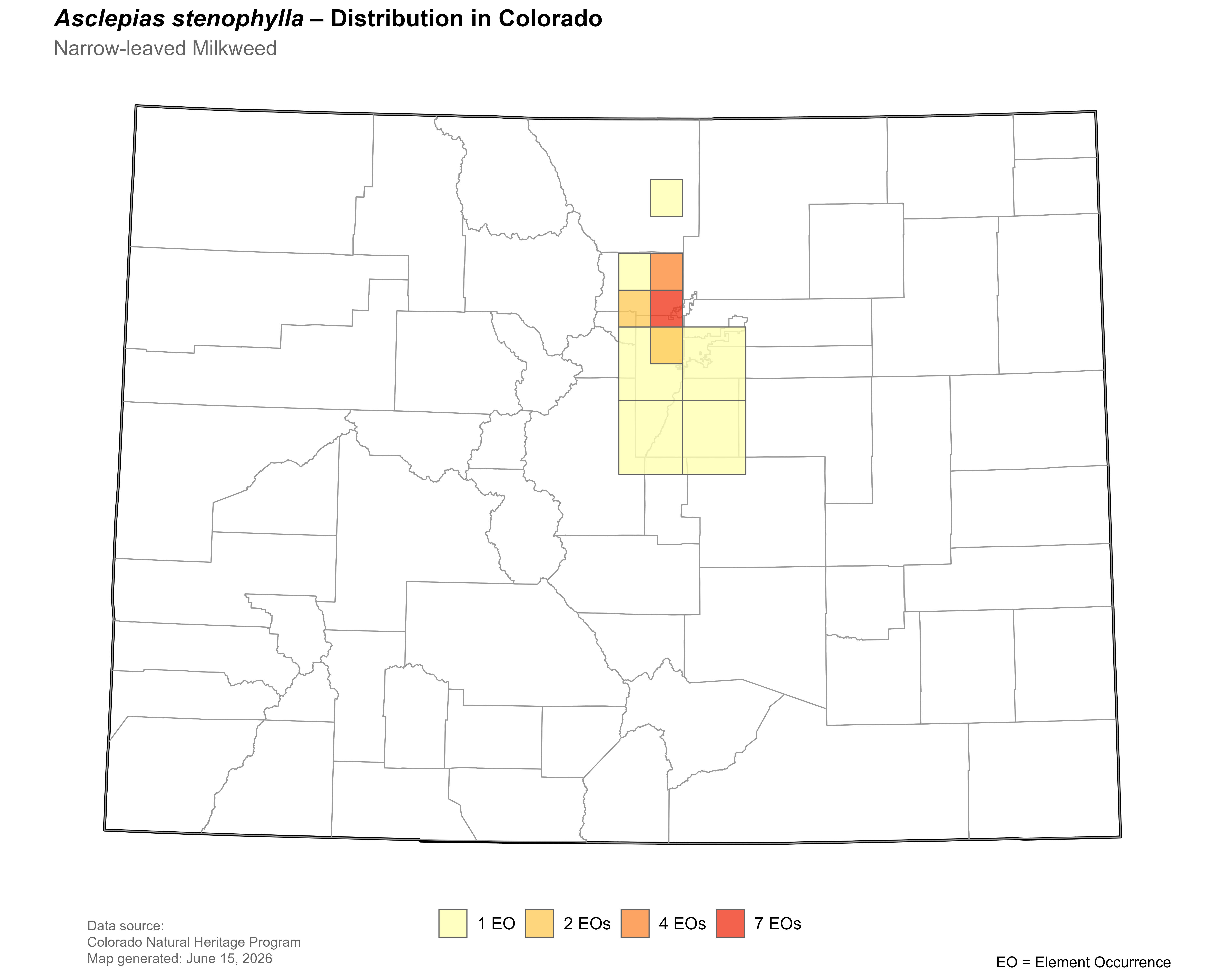 Distribution of <i>Asclepias stenophylla</i> in Colorado. 