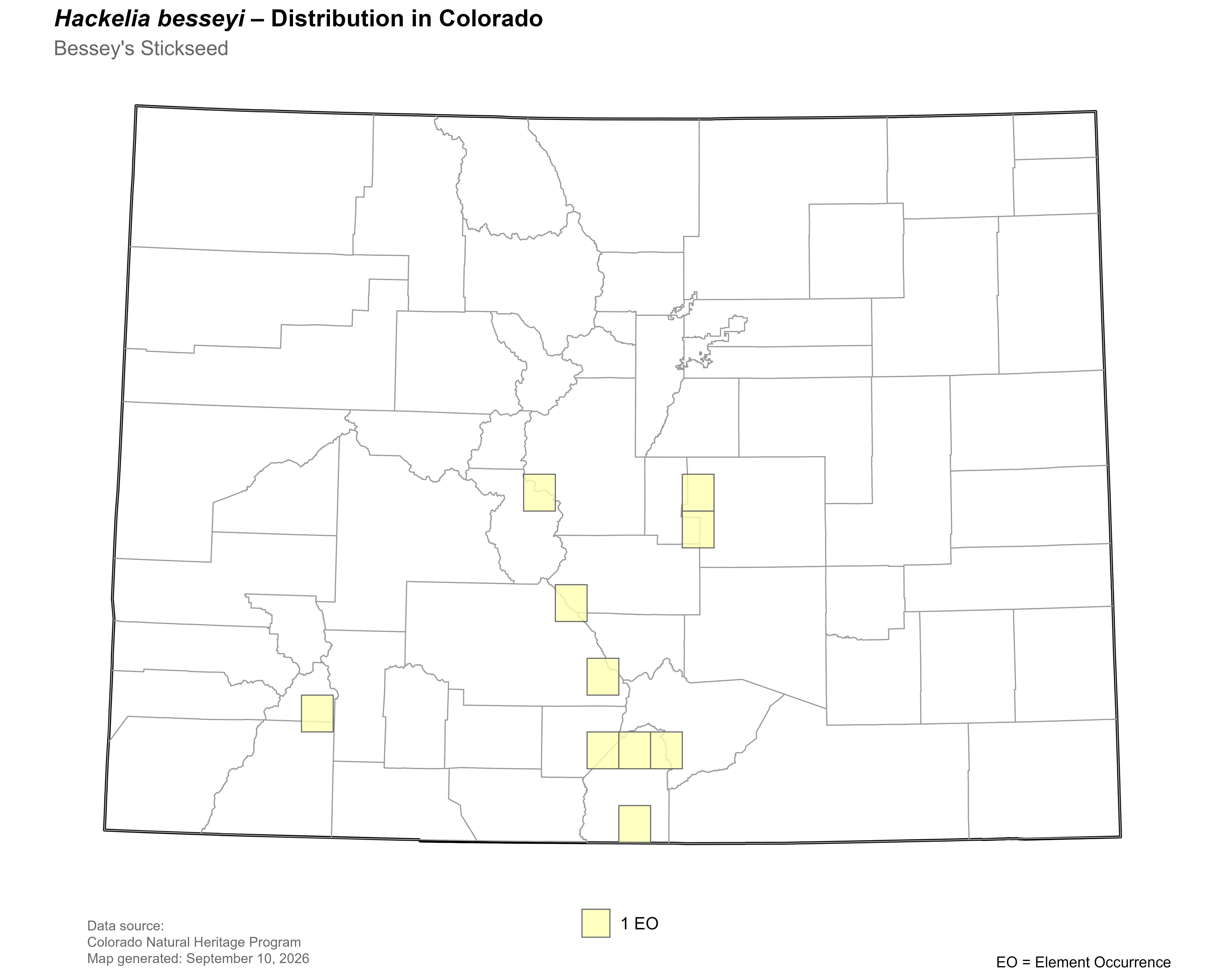 Distribution of <i>Hackelia besseyi</i> in Colorado.