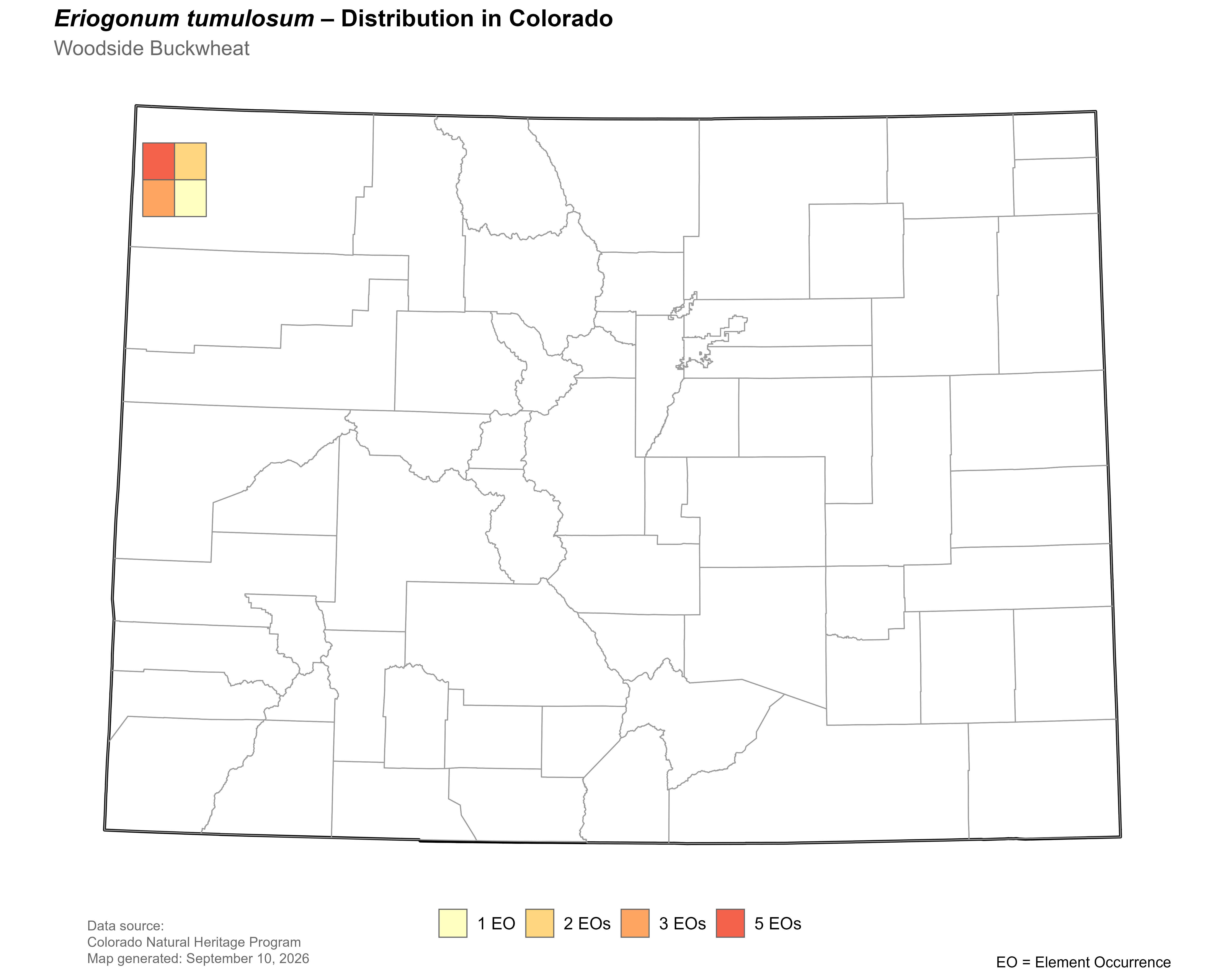 Distribution of <i>Eriogonum tumulosum</i> in Colorado.