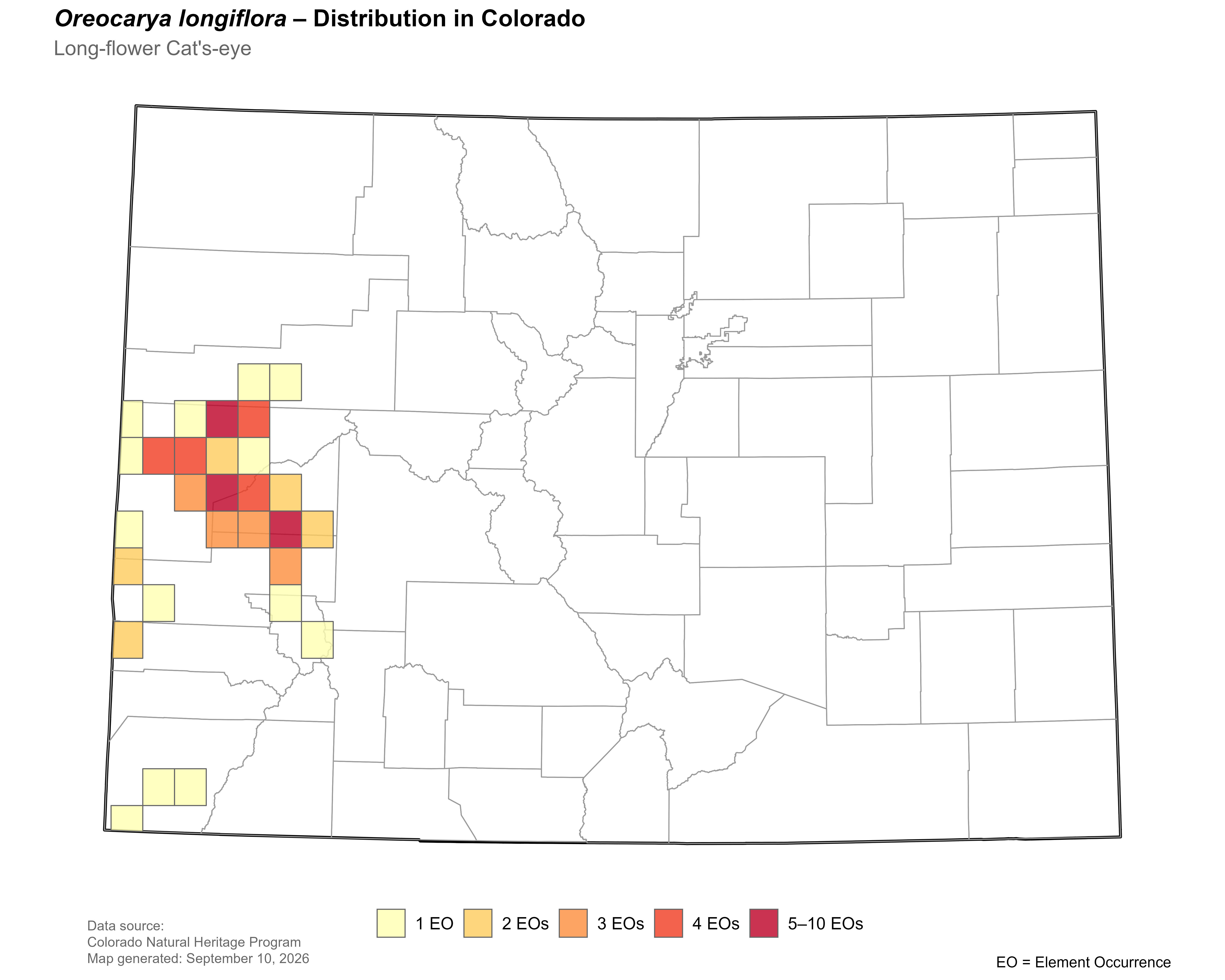 Distribution of <i>Oreocarya</i> <i>longiflora</i> in Colorado