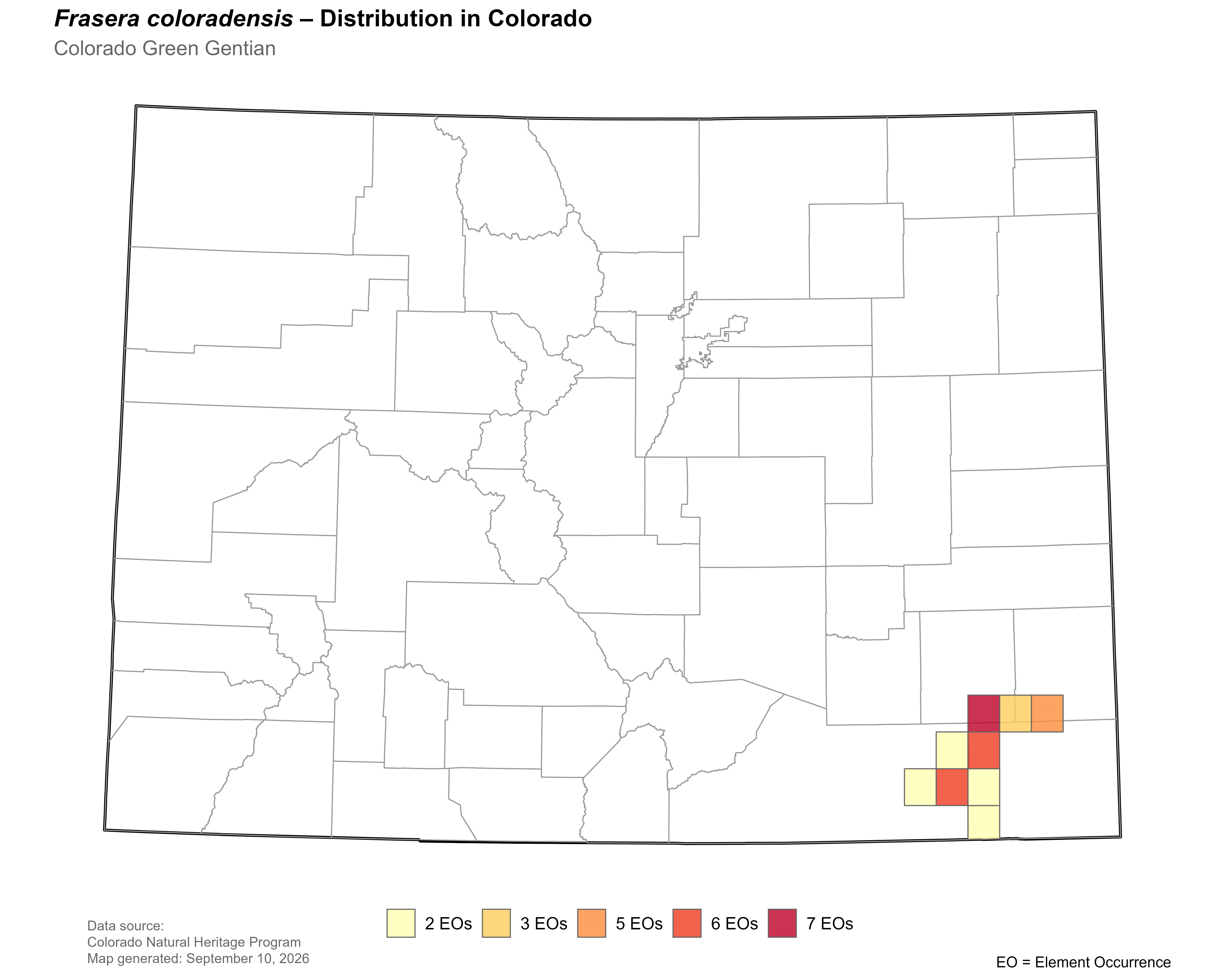 Distribution of Frasera coloradensis in Colorado