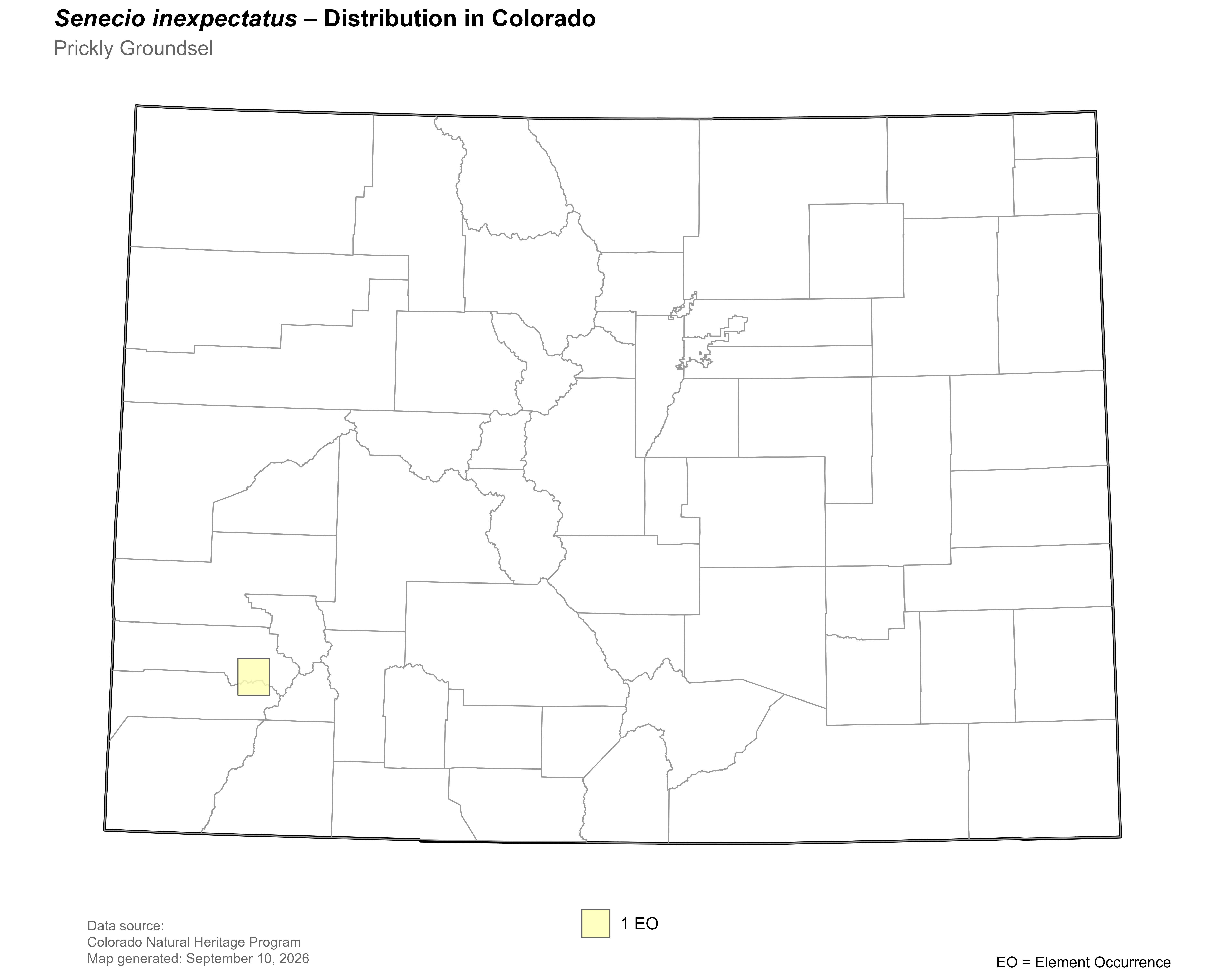 Distribution of <i>Senecio inexpectatus</i> in Colorado.