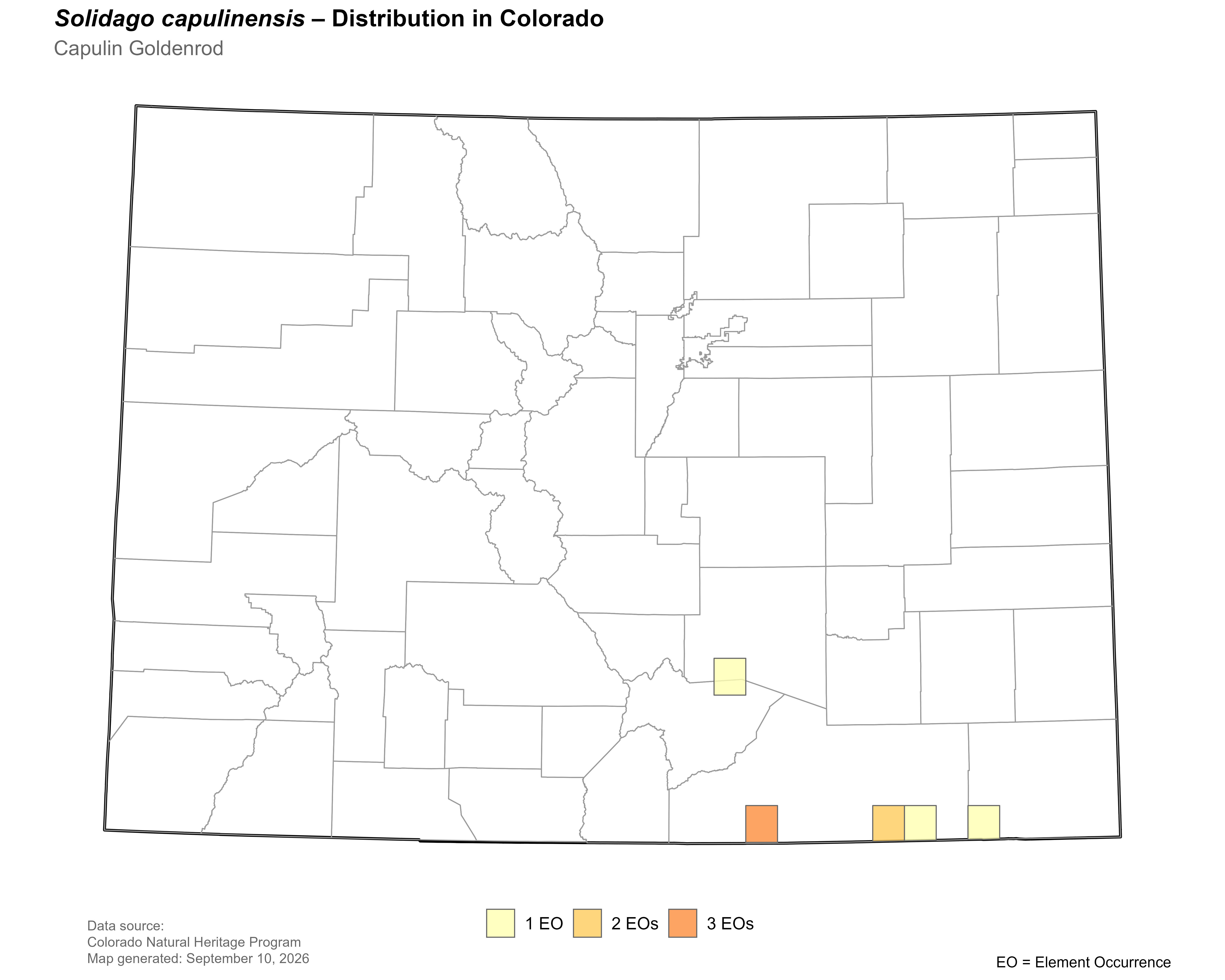 Distribution of <i>Solidago capulinensis</i> in Colorado.