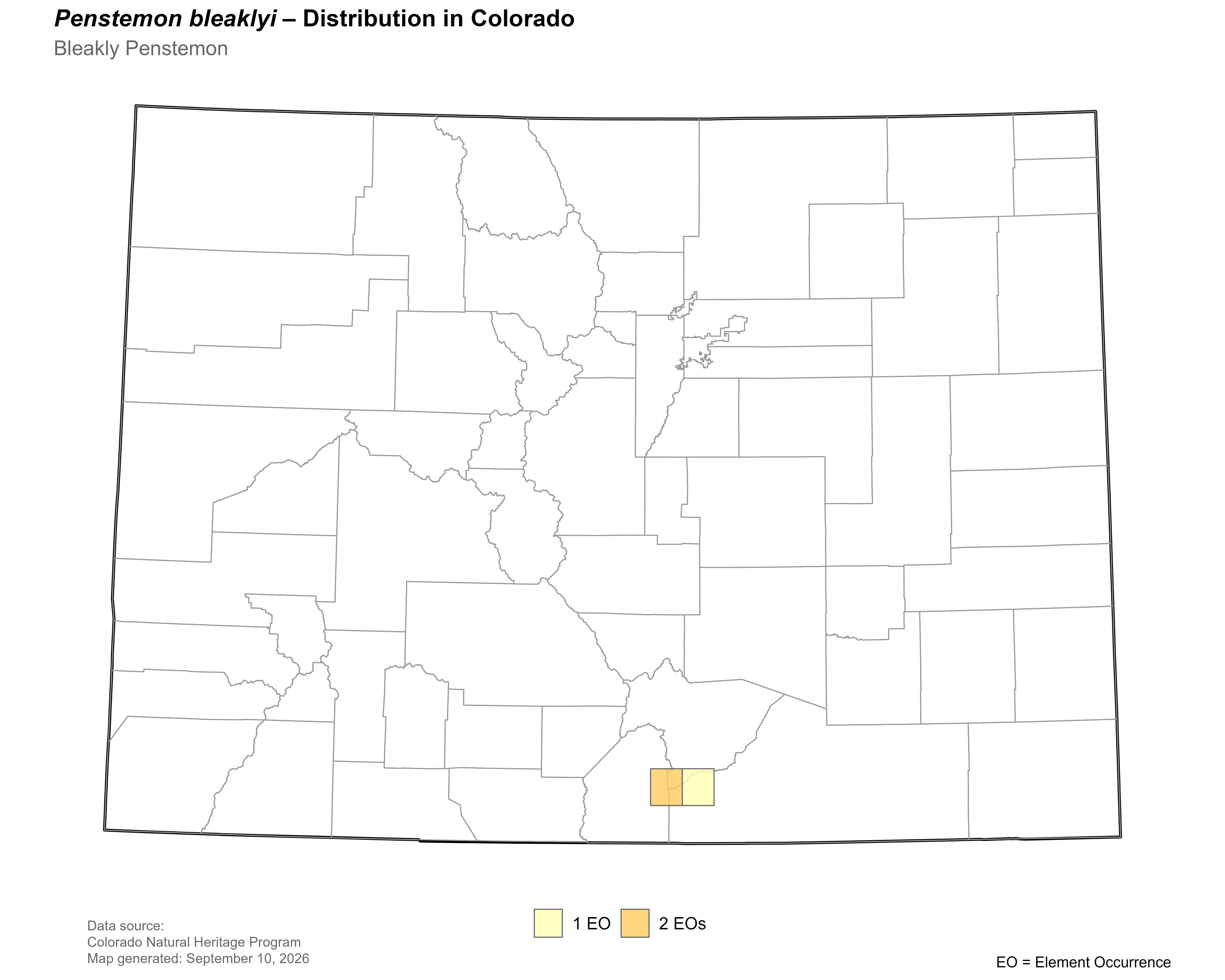 Distribution of <i>Penstemon bleaklyi</i> in Colorado.