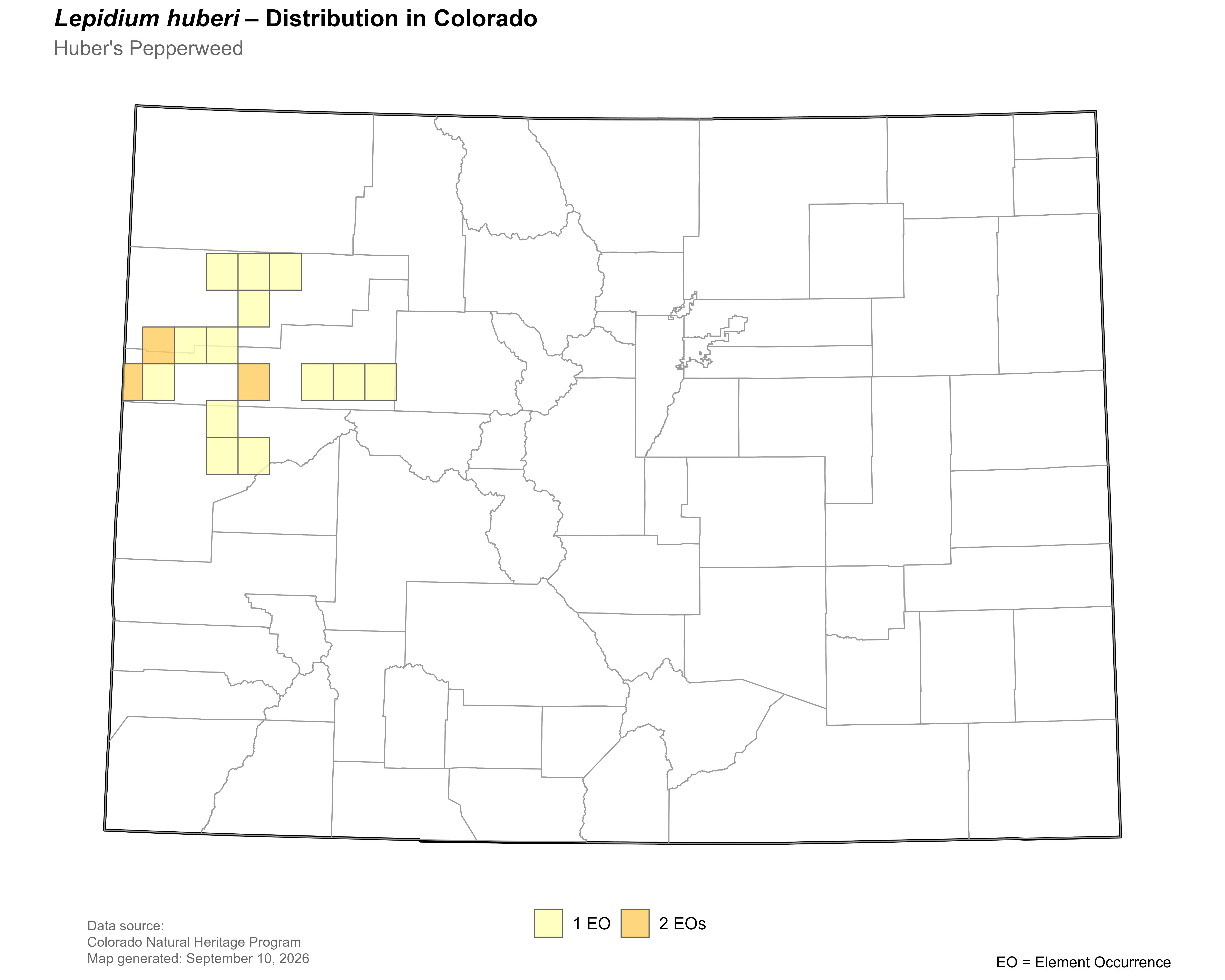 Distribution of <i>Lepidium huberi</i> in Colorado.