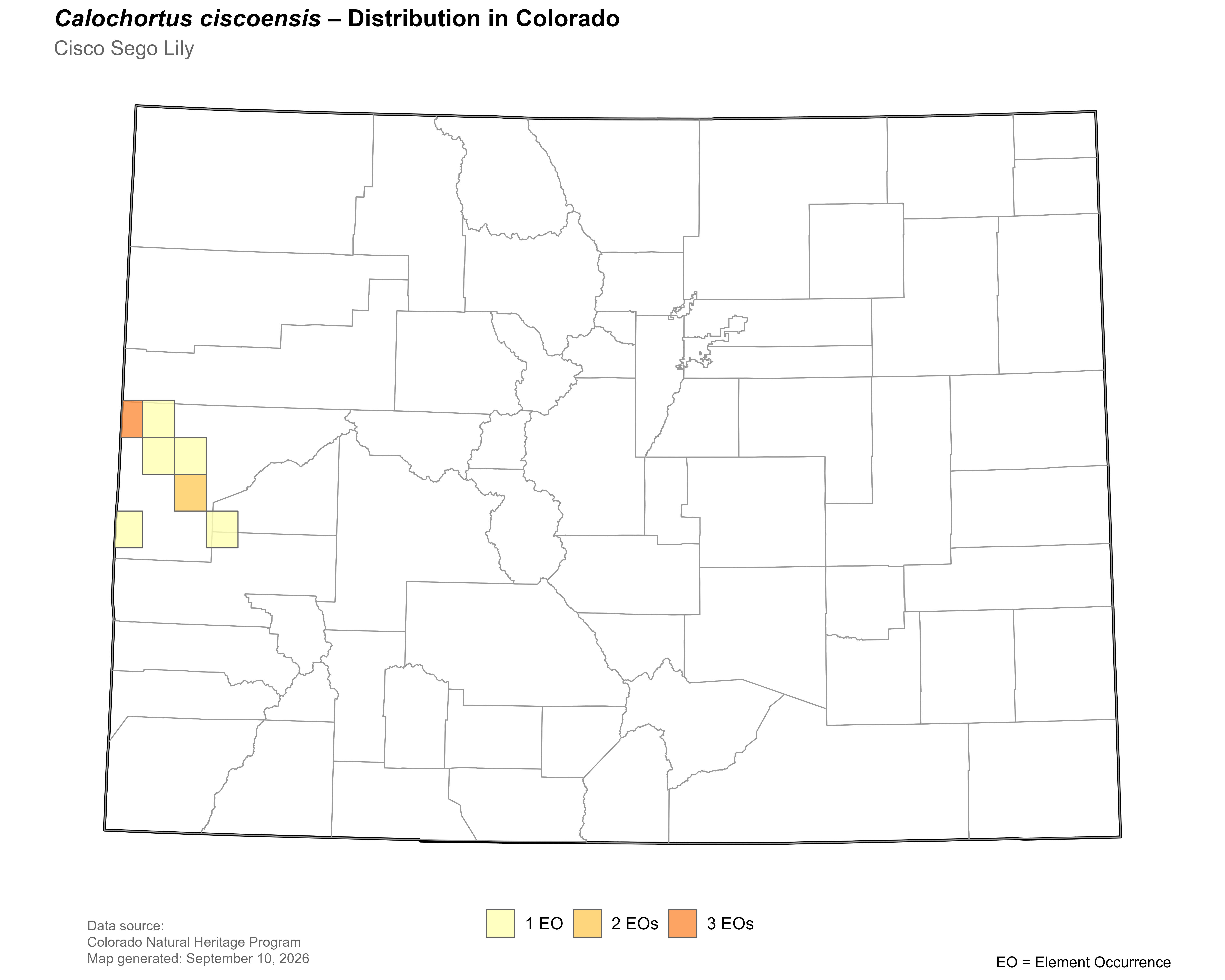 Distribution of <i>Calochortus ciscoensis</i> in Colorado. 