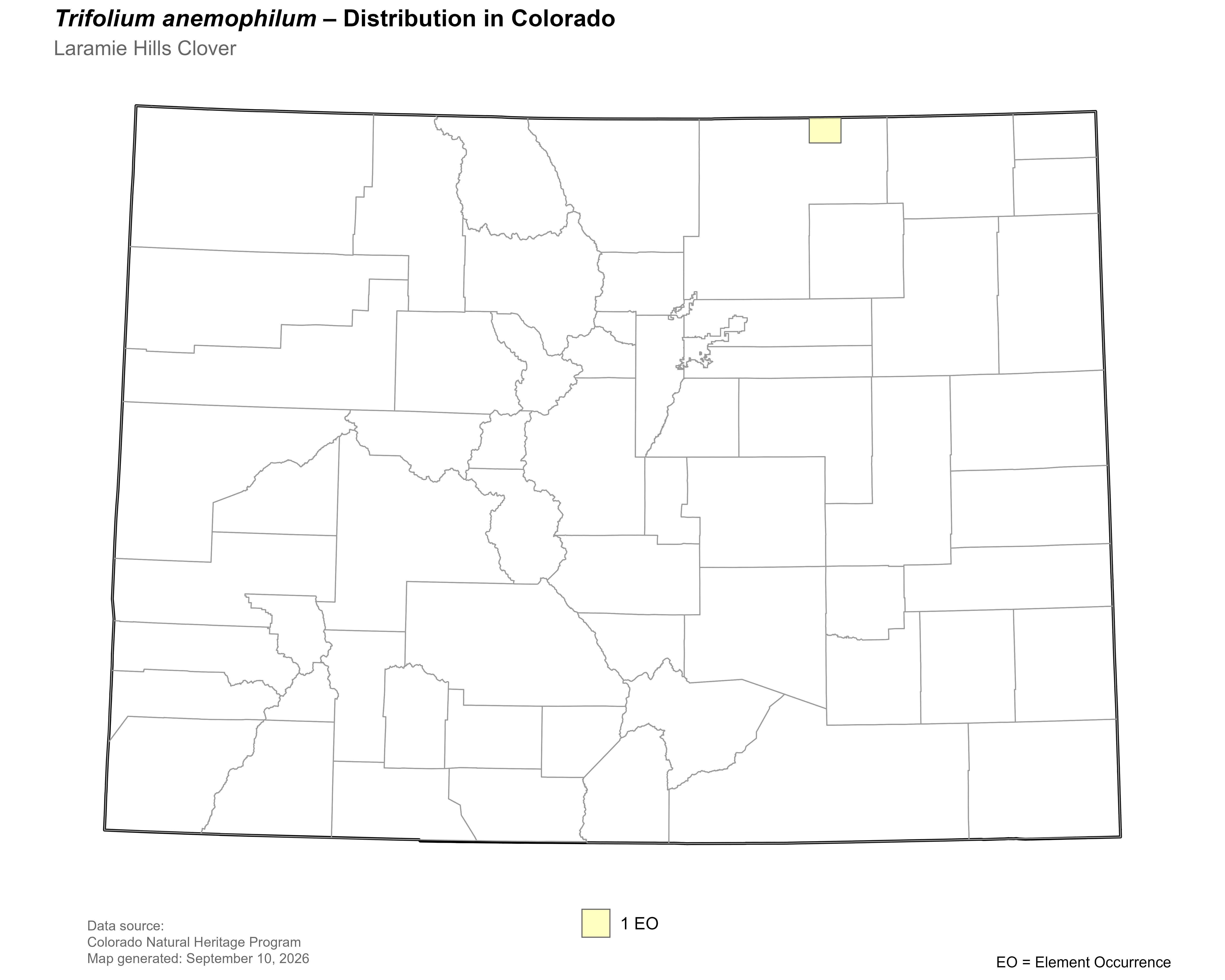 Distribution of <i>Trifolium dasyphyllum ssp. anemophilum</i> in Colorado.