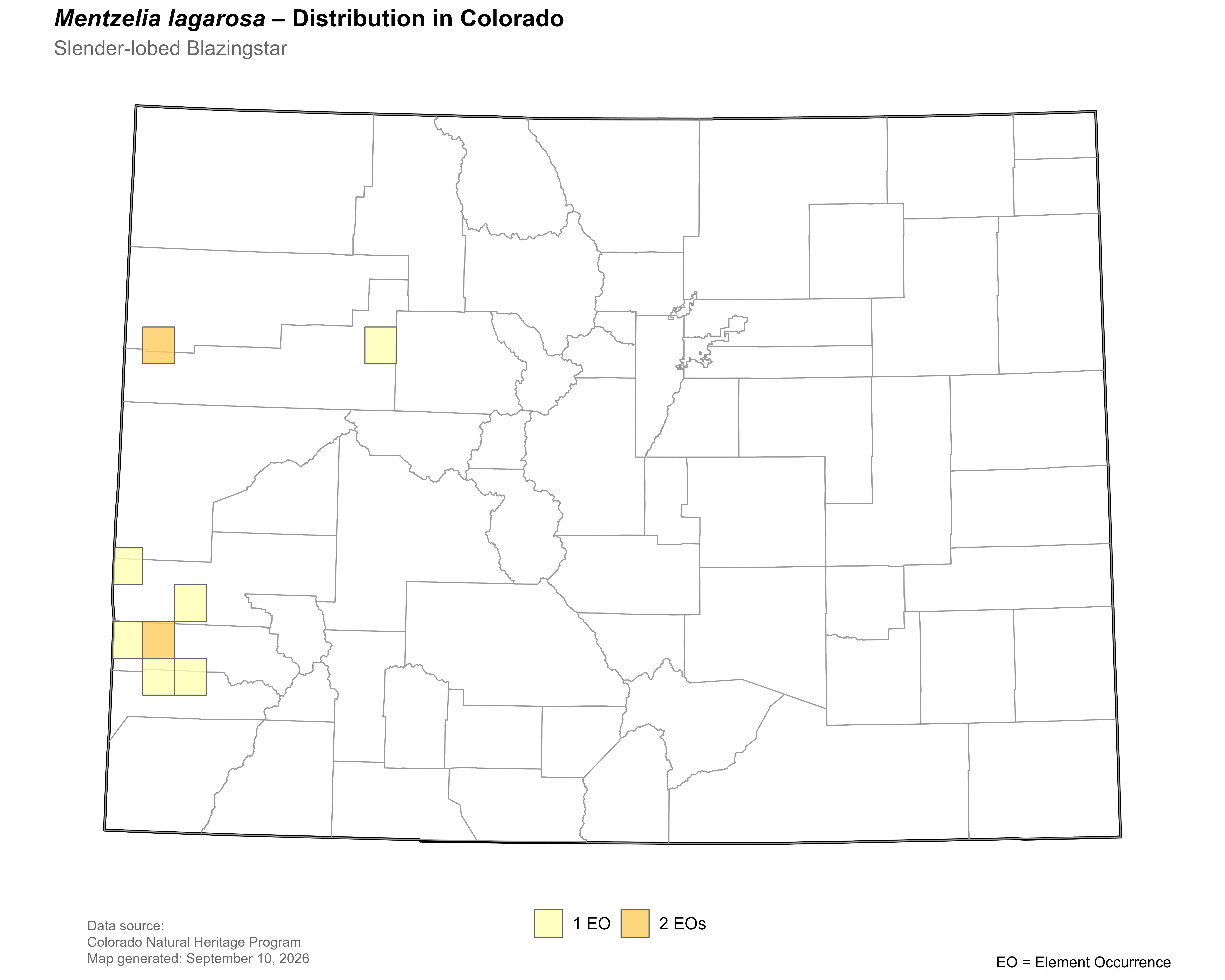 Distribution of <i>Mentzelia lagarosa</i> in Colorado.