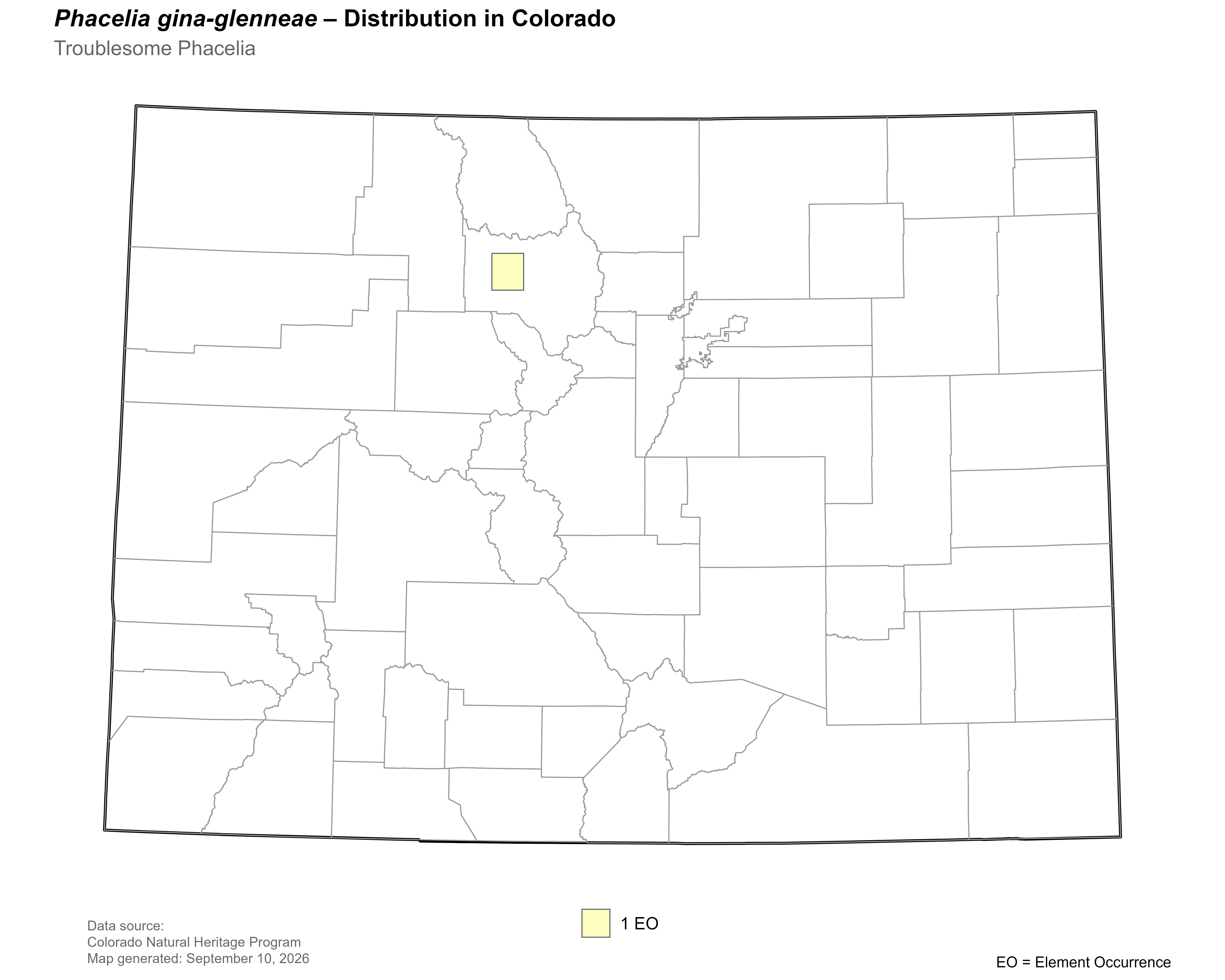 Distribution of <i>Phacelia gina-glenneae</i> in Colorado.