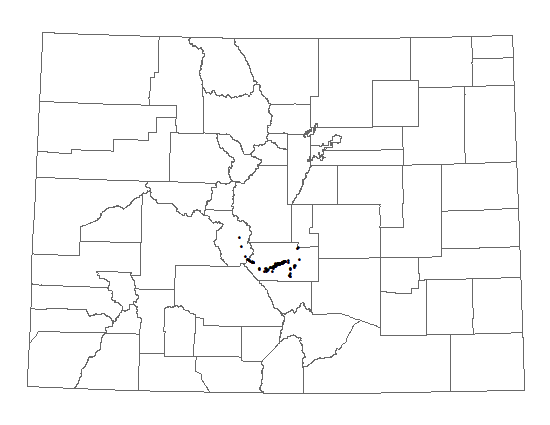 Distribution of Nuttallia densa in Colorado. Distribution of <i>Nuttallia densa</i> in Colorado.