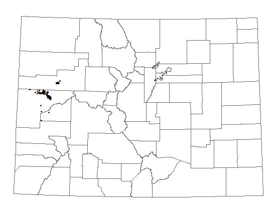 Distribution of <i>Astragalus debequaeus</i> in Colorado.