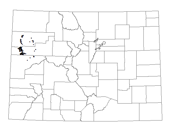 Distribution of Physaria parviflora in Colorado. Distribution of <i>Physaria parviflora</i> in Colorado.