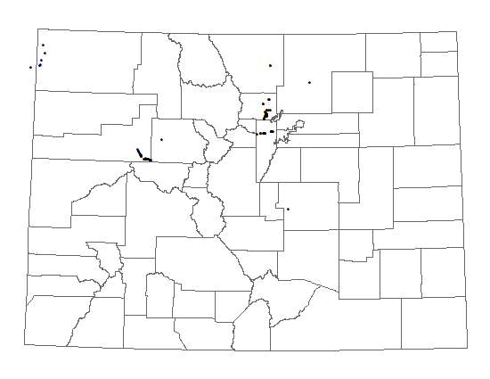 Distribution of Spiranthes diluvialis in Colorado. Distribution of <i>Spiranthes diluvialis</i> in Colorado.