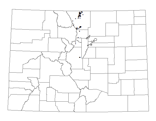 Distribution of Potentilla rupincola in Colorado. Distribution of <i>Potentilla rupincola</i> in Colorado.
