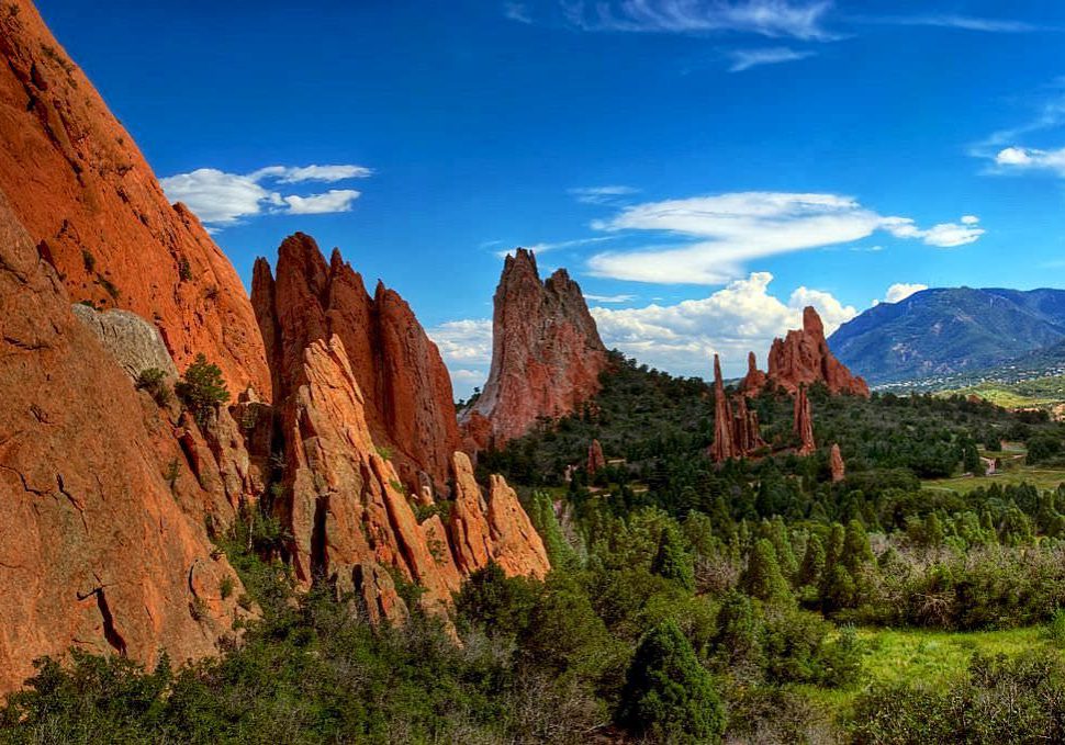 Examples of the diversity of protected lands in COMaP. The Garden of the Gods nature center in Colorado Springs with native habitat, stunning rock formations, and views of Pikes Peak.